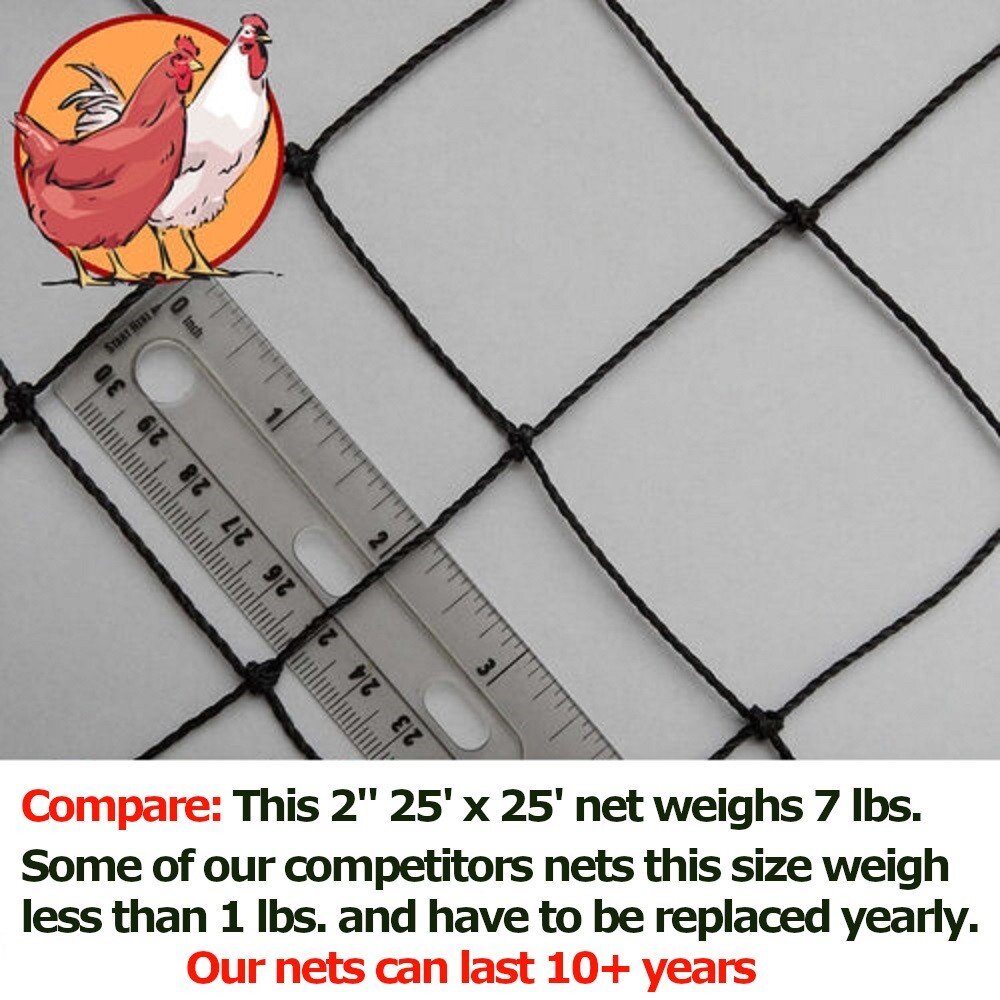 Poultry Netting 25' x 25' 2" Mesh Heavy Knotted Aviary Nets Anti Bird Quail Net