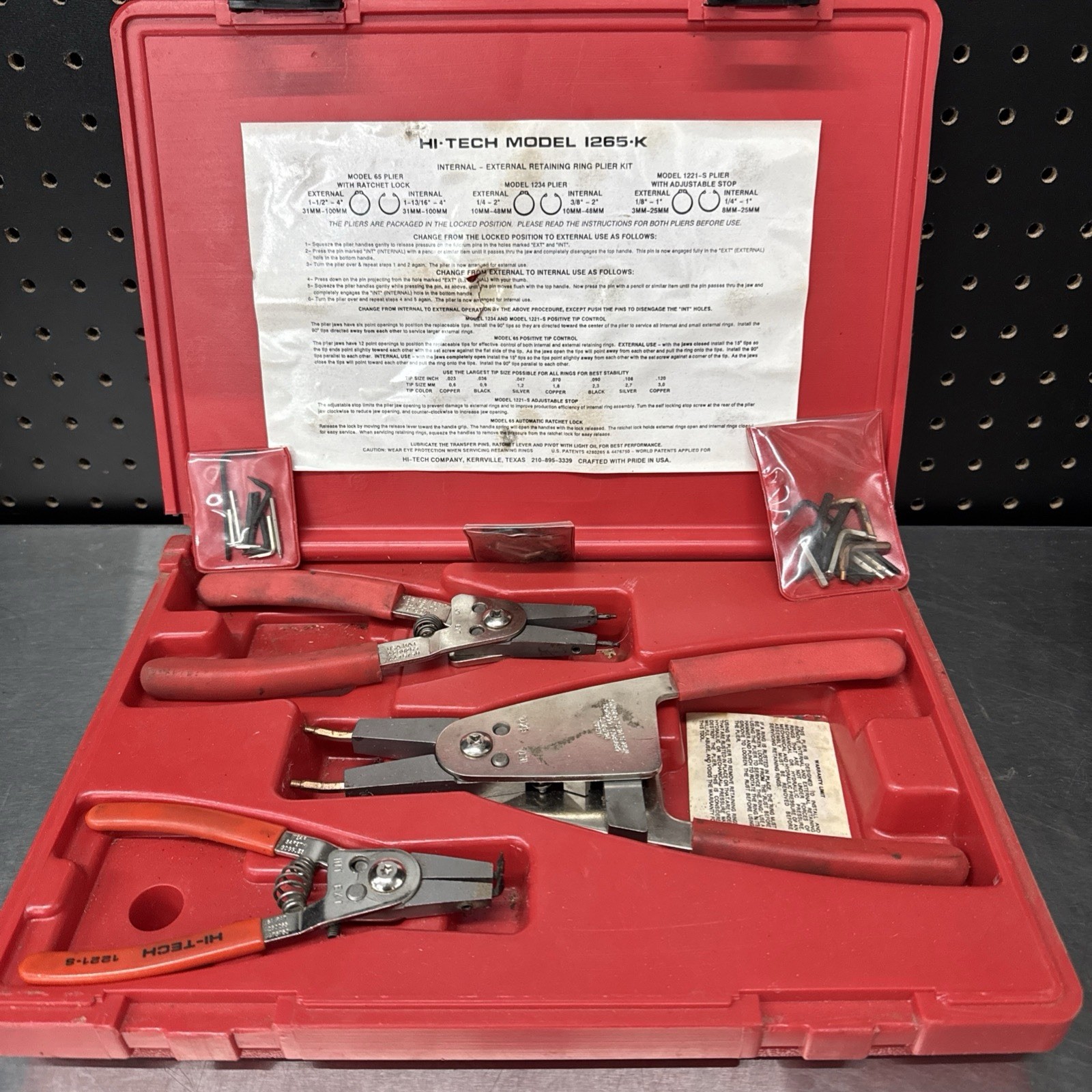 Hi-Tech USA Model 1265-K Snap Ring Adjustable Reversible Pliers Kit w/ Tips USED