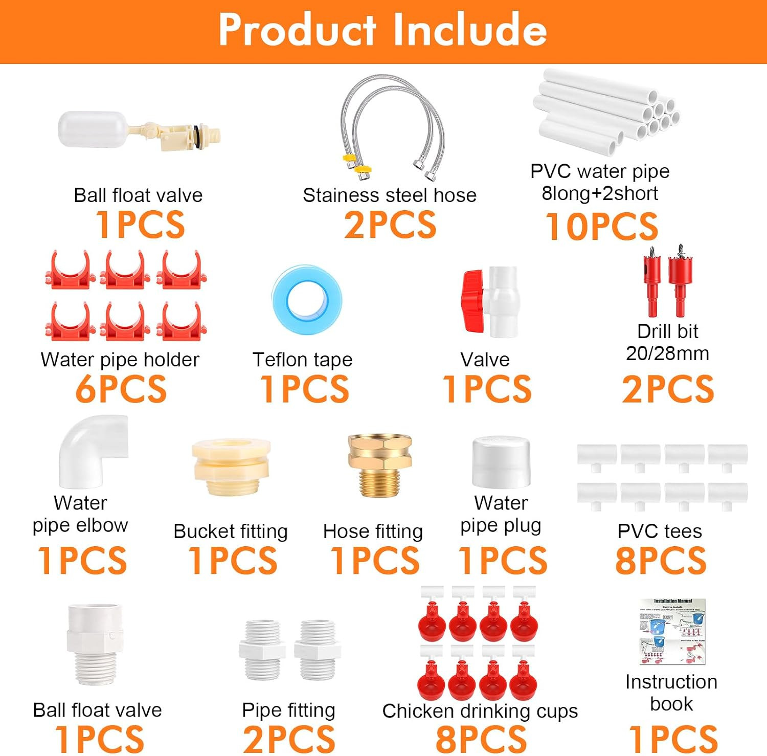 Automatic Chicken Waterer System with PVC Pipeline, Water Cups, Float Valve and
