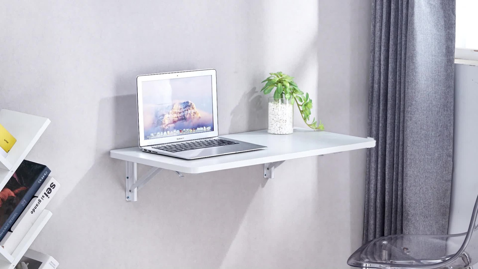 Wall Mounted Folding Table, White Solid Wood, 31.4" x 15.7"