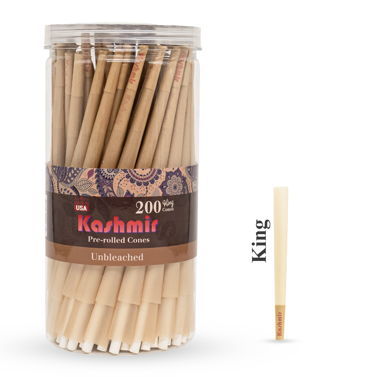 Unbleached Pre-Rolled Cones King Size Rolling Paper Cones W Tips 200 Ct -Kashmir