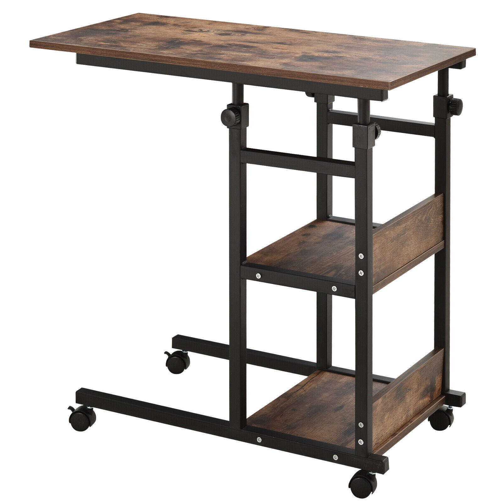 C-Shaped Mobile Sofa Bed Side Table 3-Tier Storage Shelving Cart Adjust Height