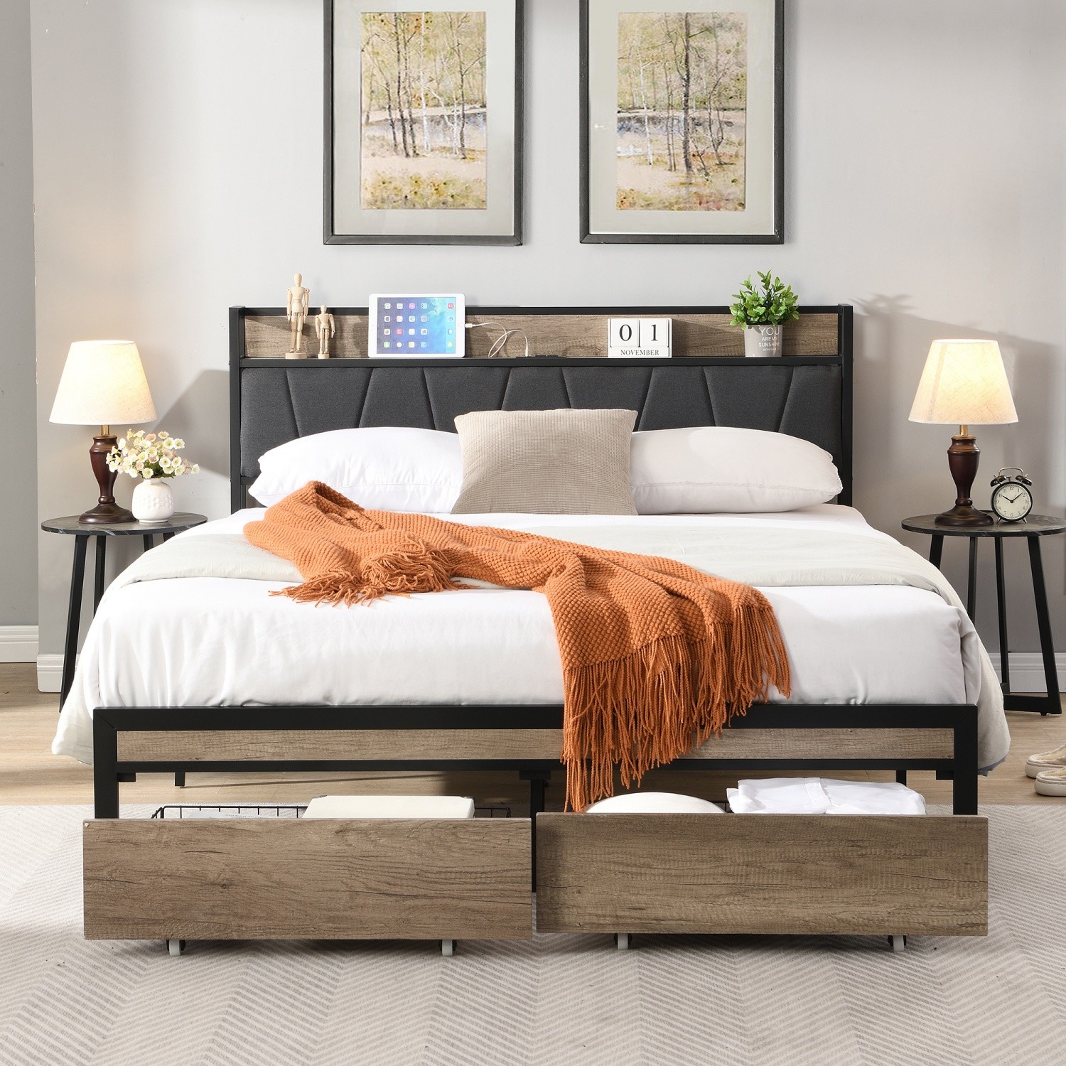 Full Size Bed Frame with Upholstered Headboard Metal Platform Bed w/ 2 Drawers