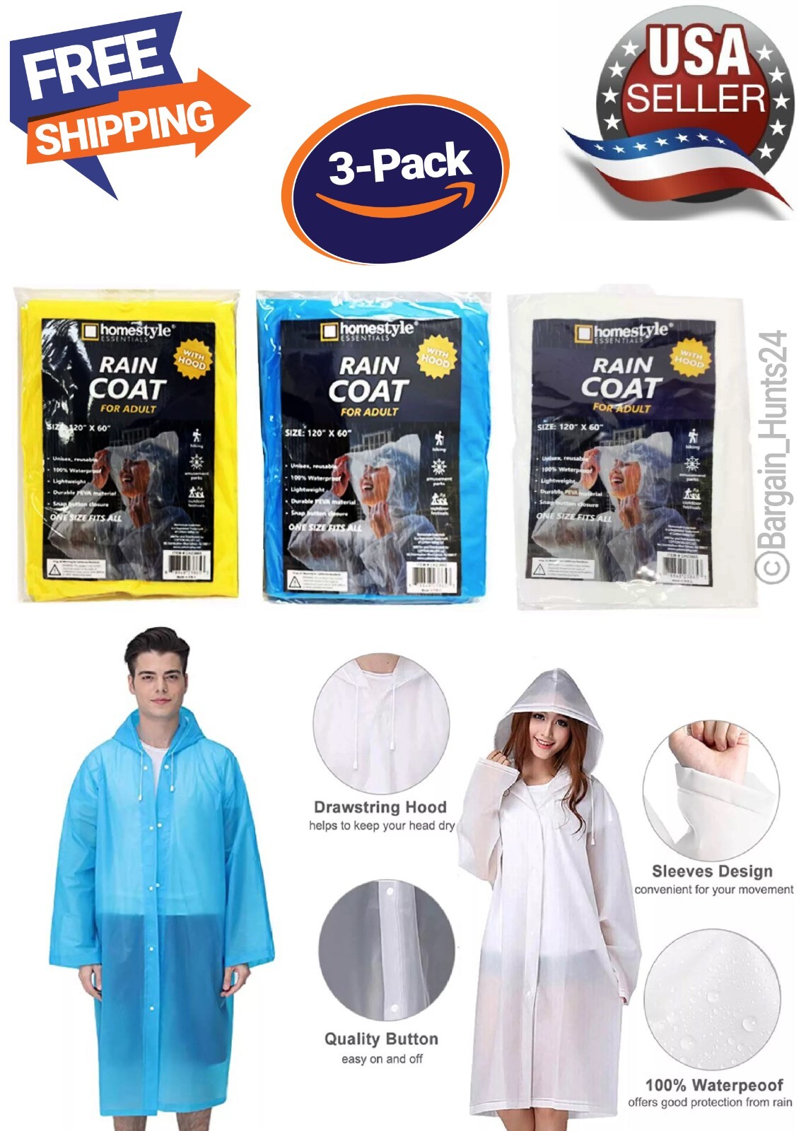 Unisex Adult Waterproof Raincoat Rain Coat Hooded Jacket Rainwear (Pack of 3)