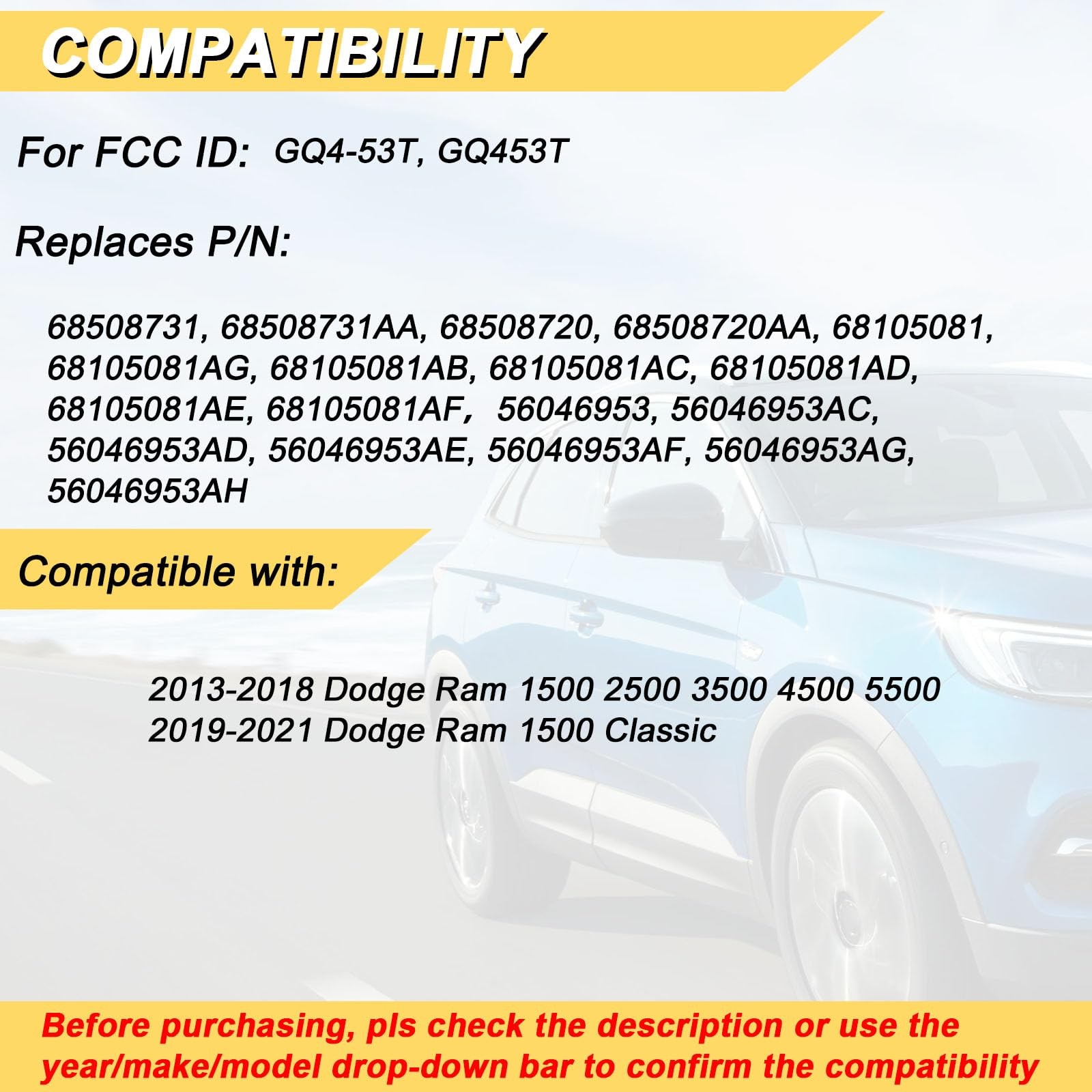 Key Fob for 2013-2021 Ram 1500 2500 3500 4500 5500/19-21 Ram 1500 Classic Car...