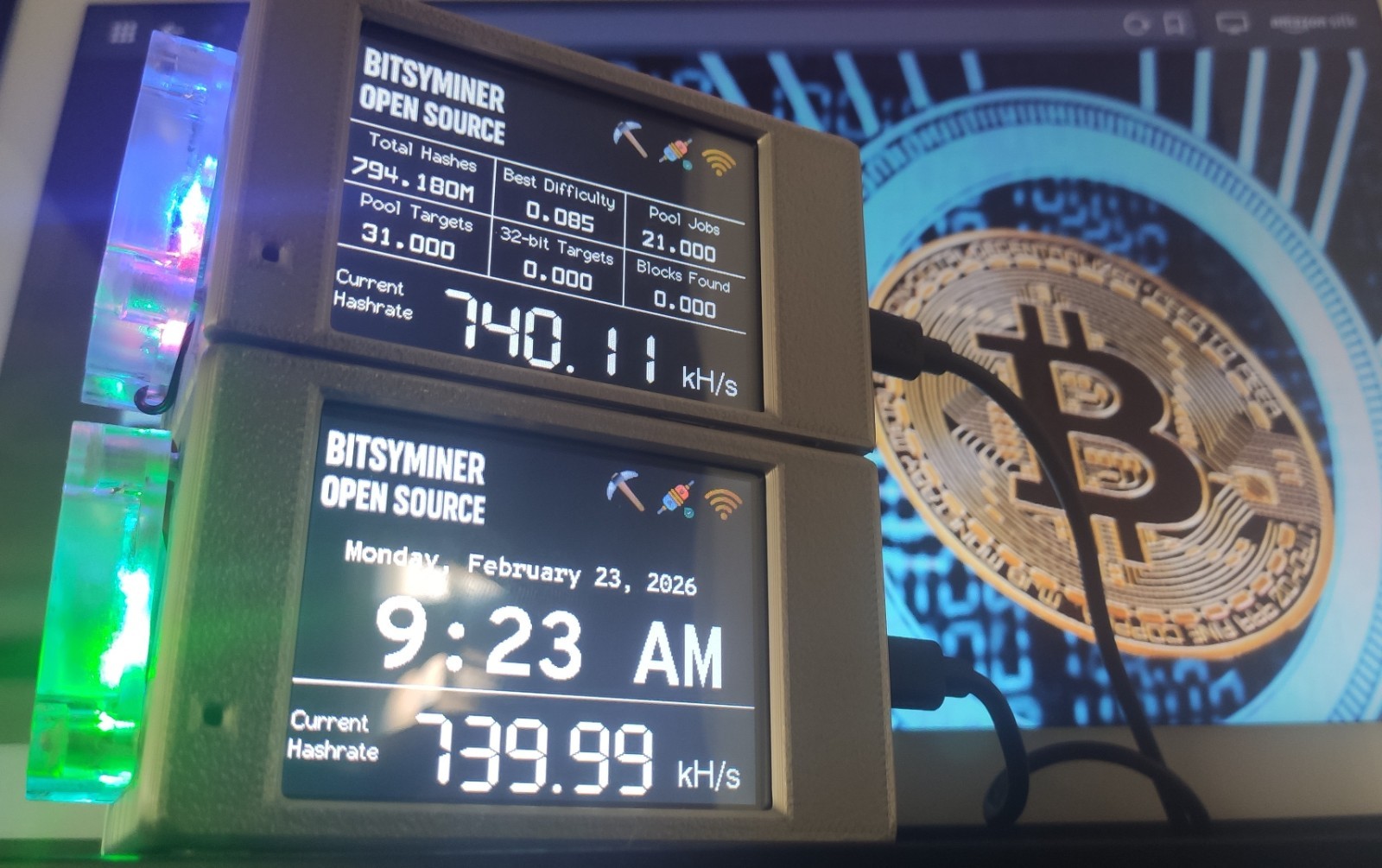 Dual BitsyMiner  2 x 750 KH/s -RGB Fan - Solo Lottery Bitcoin Nerd Miner -Crypto