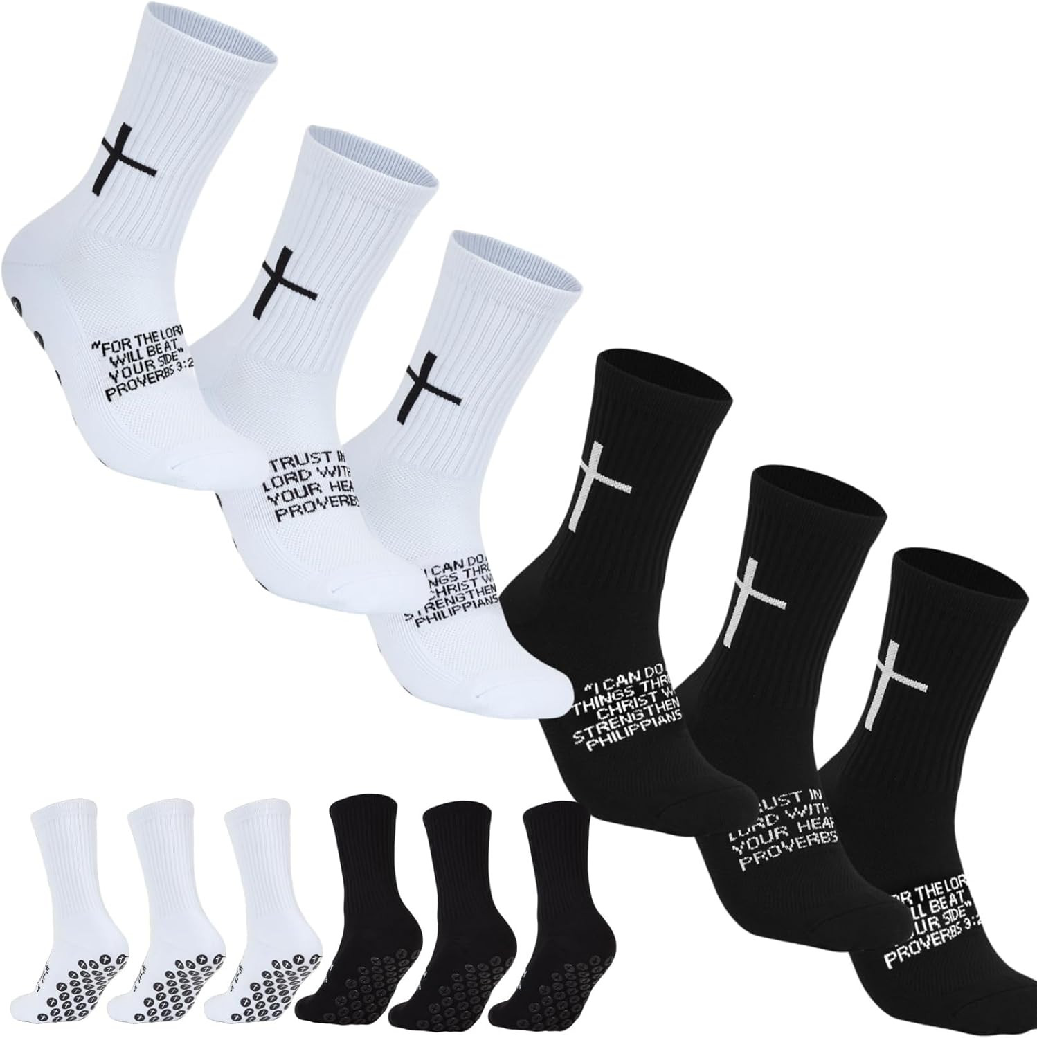 6 Pairs Cross Grip Soccer Socks US 6-13 Anti-Slip Christian Bible Verse Socks