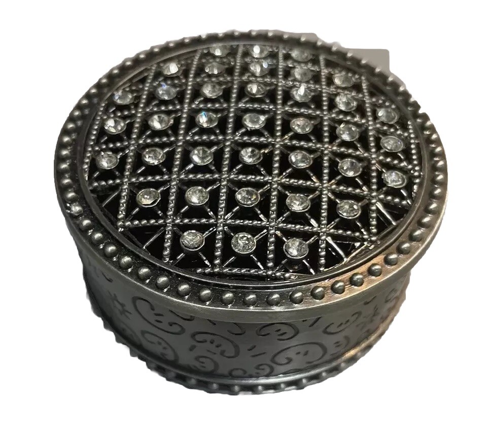 Pewter Round Trinket Box Rhinestones 2.5”