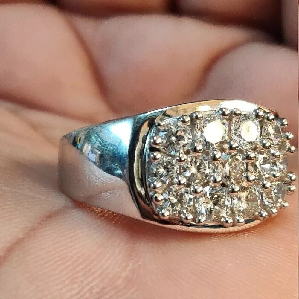 2.8Ct Round Cut Moissanite Mens Cluster Engagement Ring Real 925 Sterling Silver