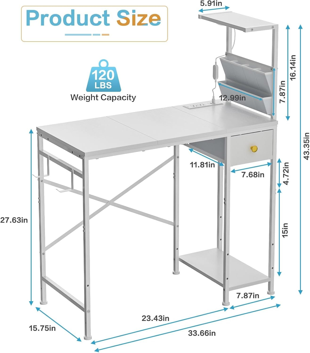 Compact 33.7" Computer Desk with Power Outlets, LED Lights & Storage Hooks