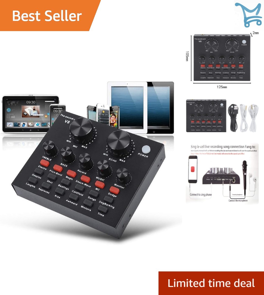 V8 Karaoke Audio Mixer USB External Sound Card for Live Recording Voice Chat