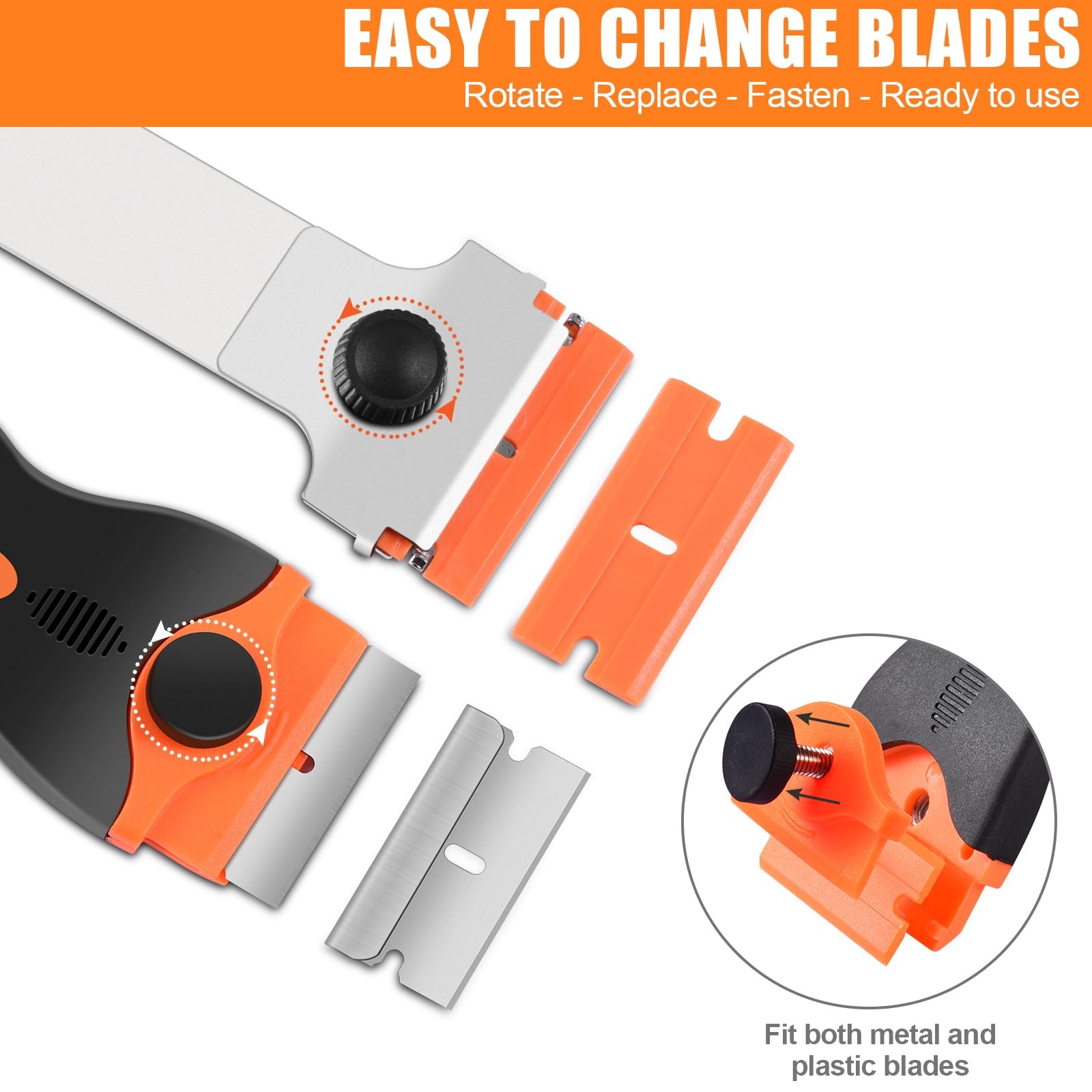 4 Pack Razor Blade Scraper, Includes 50 PCS Metal & Plastic Blades