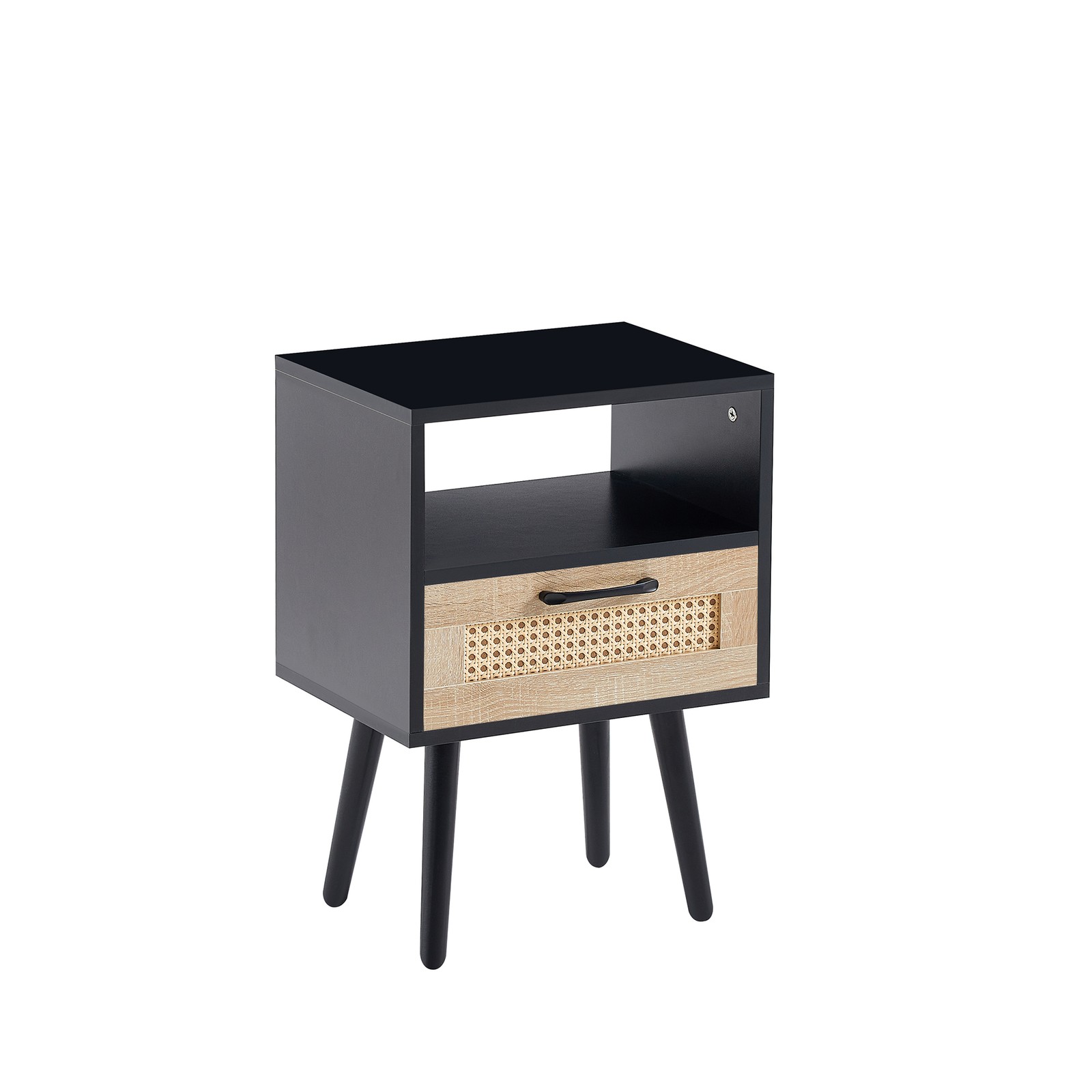 Rattan End Table with Drawer and Solid Wood Legs Modern Nightstand Side Table