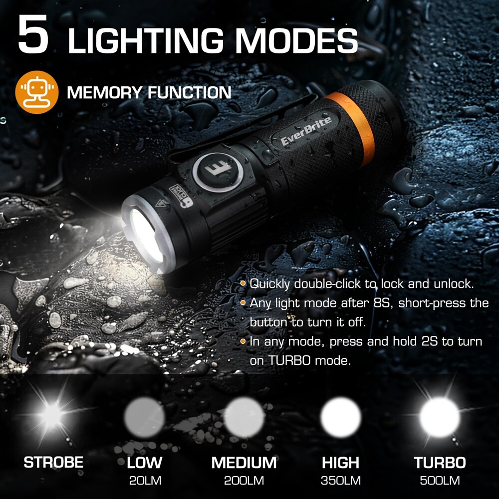 EverBrite 500LM Rechargeable Flashlight 5 Light Modes Magnetic Pocket Flashlight