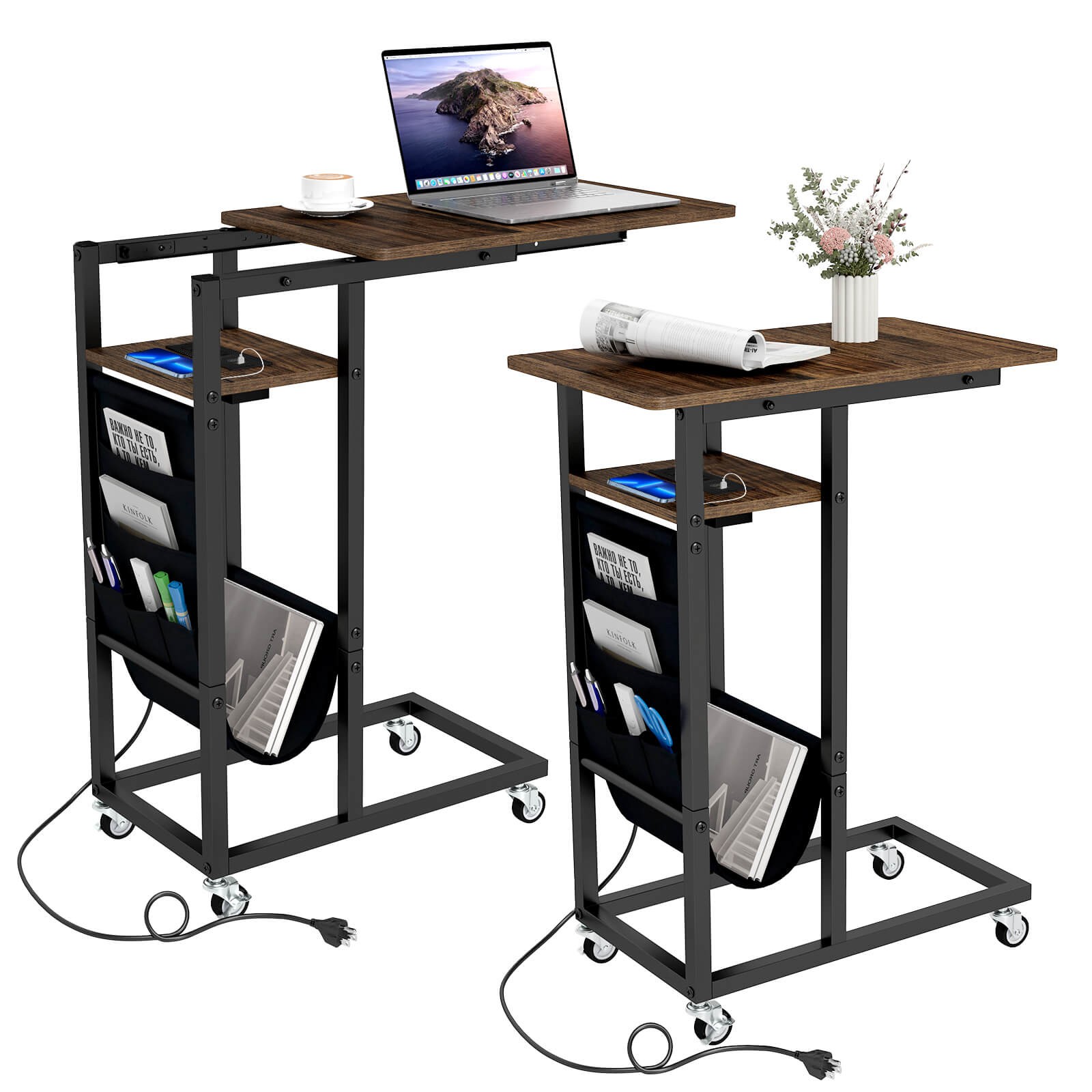 2 PCS C-shaped End Table w/ Charging Station Rolling Bedside Table Couch Side