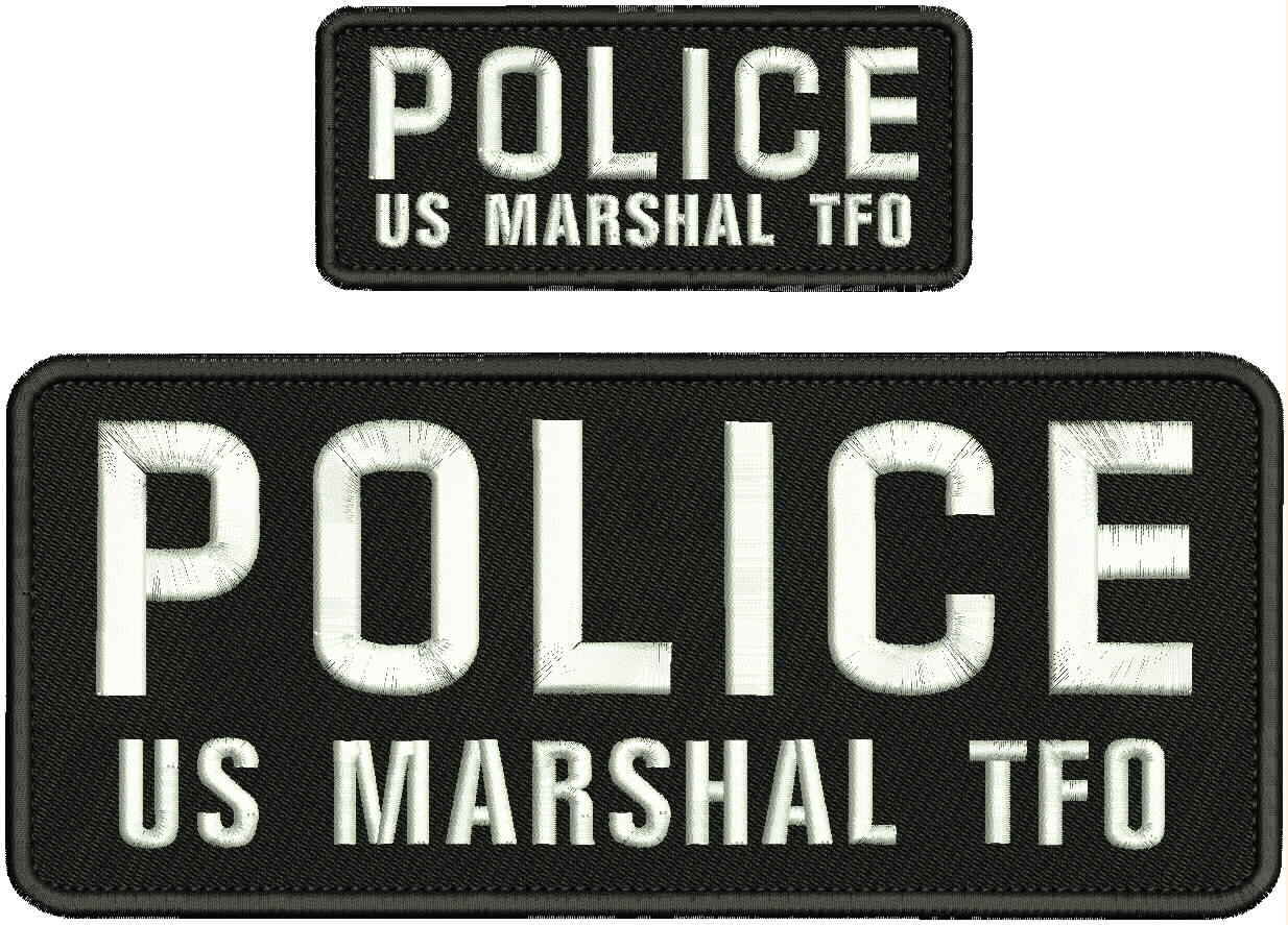 POLICE U S MARSHAL T F O EMB PATCH 4X10 AND 2X5 HOOK ON BACK BLK/white