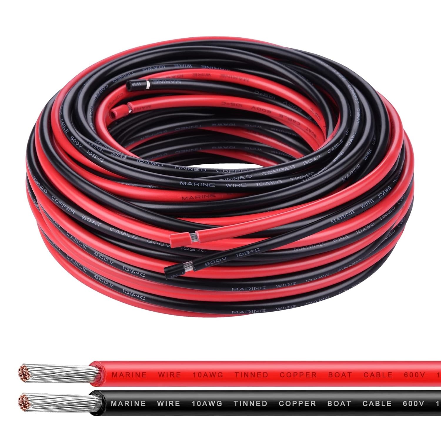 10 Gauge 2 Conductor Wire iGreely 50FT Red/ 50FT Black Tinned Copper Cable 10AWG