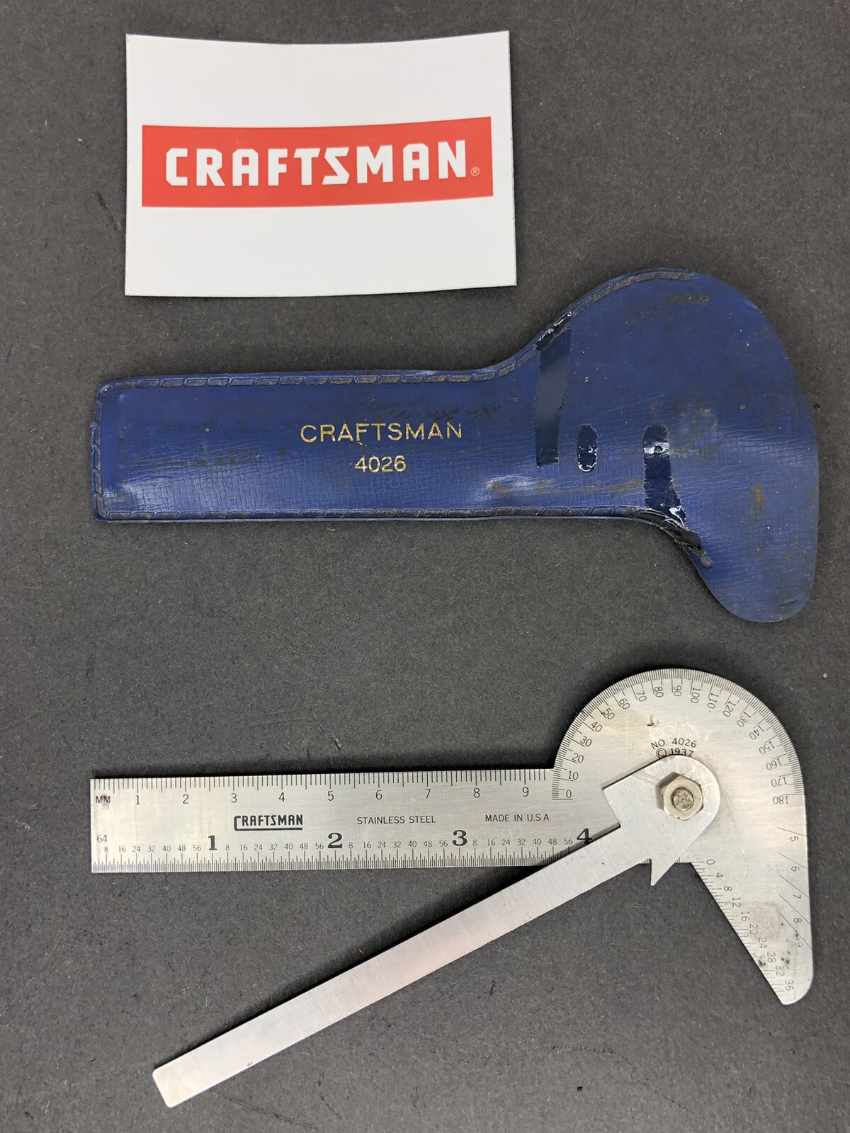 C. 1937 Craftsman Protractor 4026 Square Drill Point Center Finder Tap Stainless
