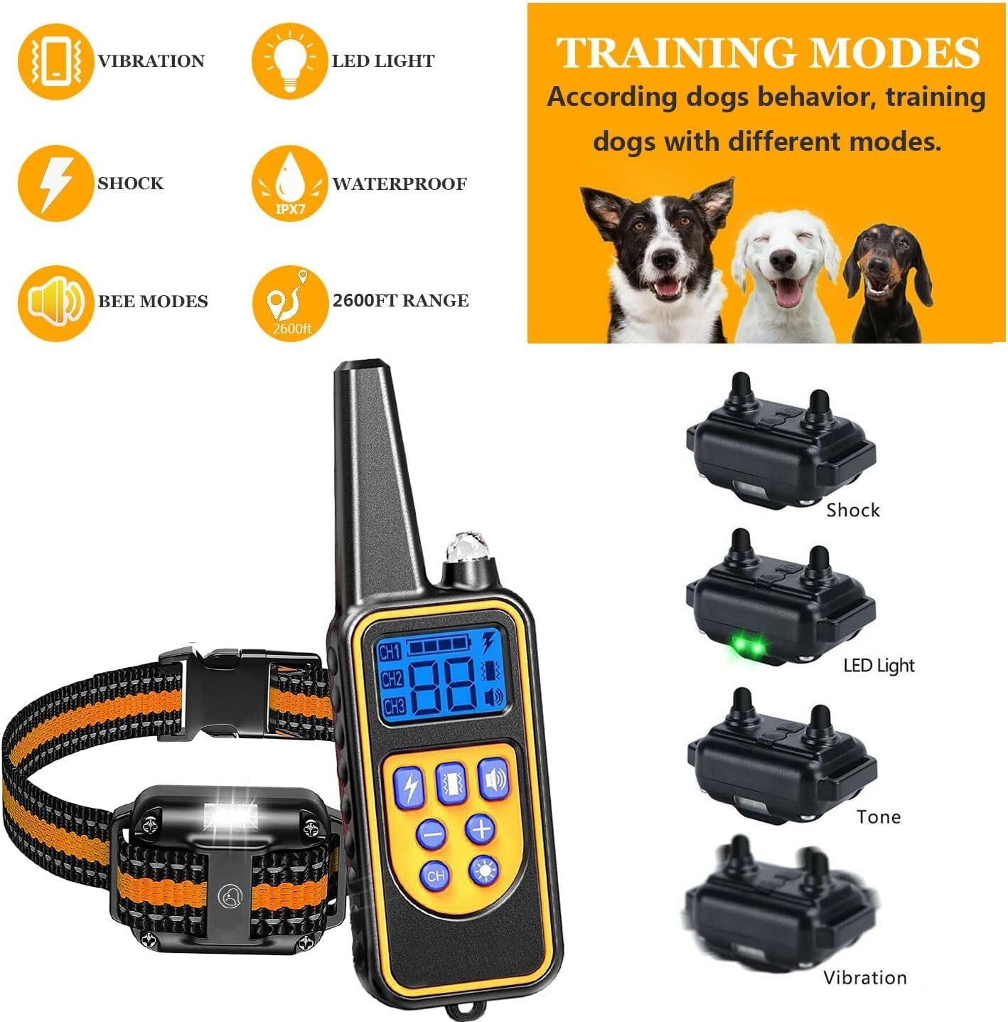 Rechargeable Remote Dog Training Collar with LED Light & Vibration - 3 Collars