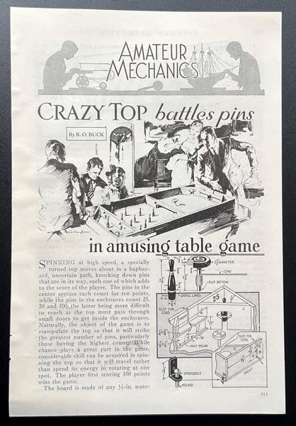 “Crazy Top Battles Pins in Amusing Table Game” 1933 vintagr HowTo Build PLANS