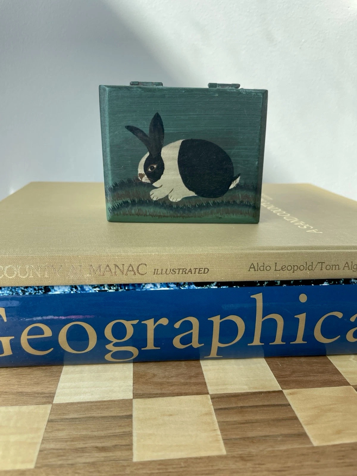 Hand Painted Wood Rabbit Trinket Box- Folk Art