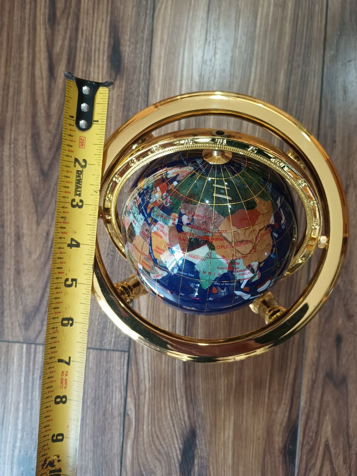 Gemstone World Globe w/ Gold-Toned Brass Stand W/Compass