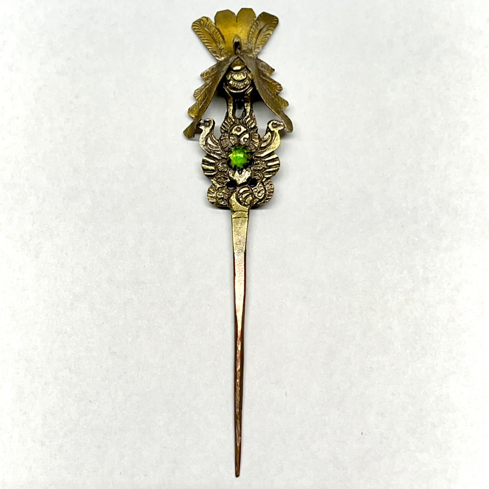 Antique Bolivia Peru Brass Tupu Shawl Stick Pin Peacock Birds Green Rhinestone