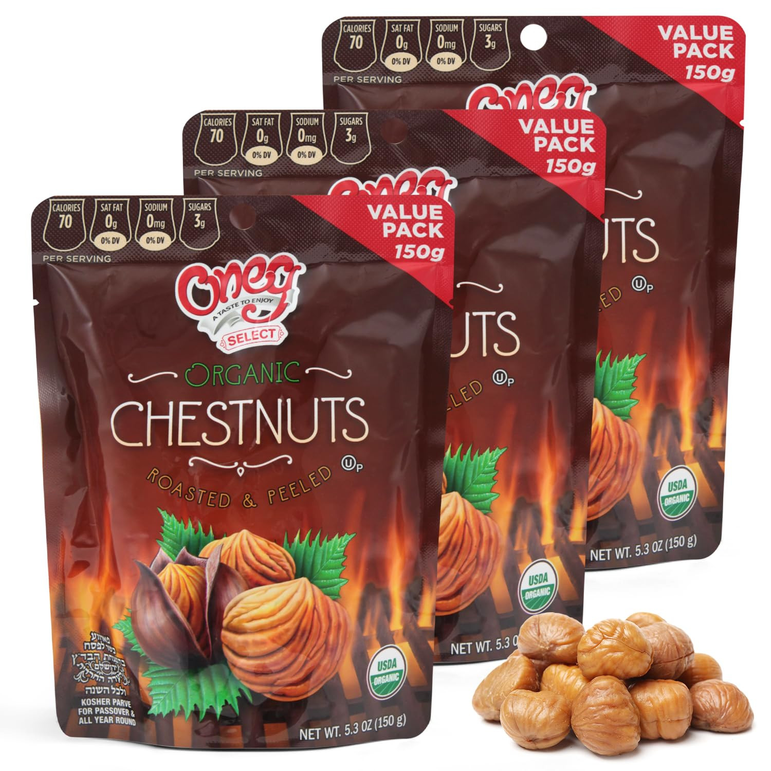 Oneg Roasted Chestnuts Peeled and Ready to Eat, 3 Pack of Organic Roasted Chestn