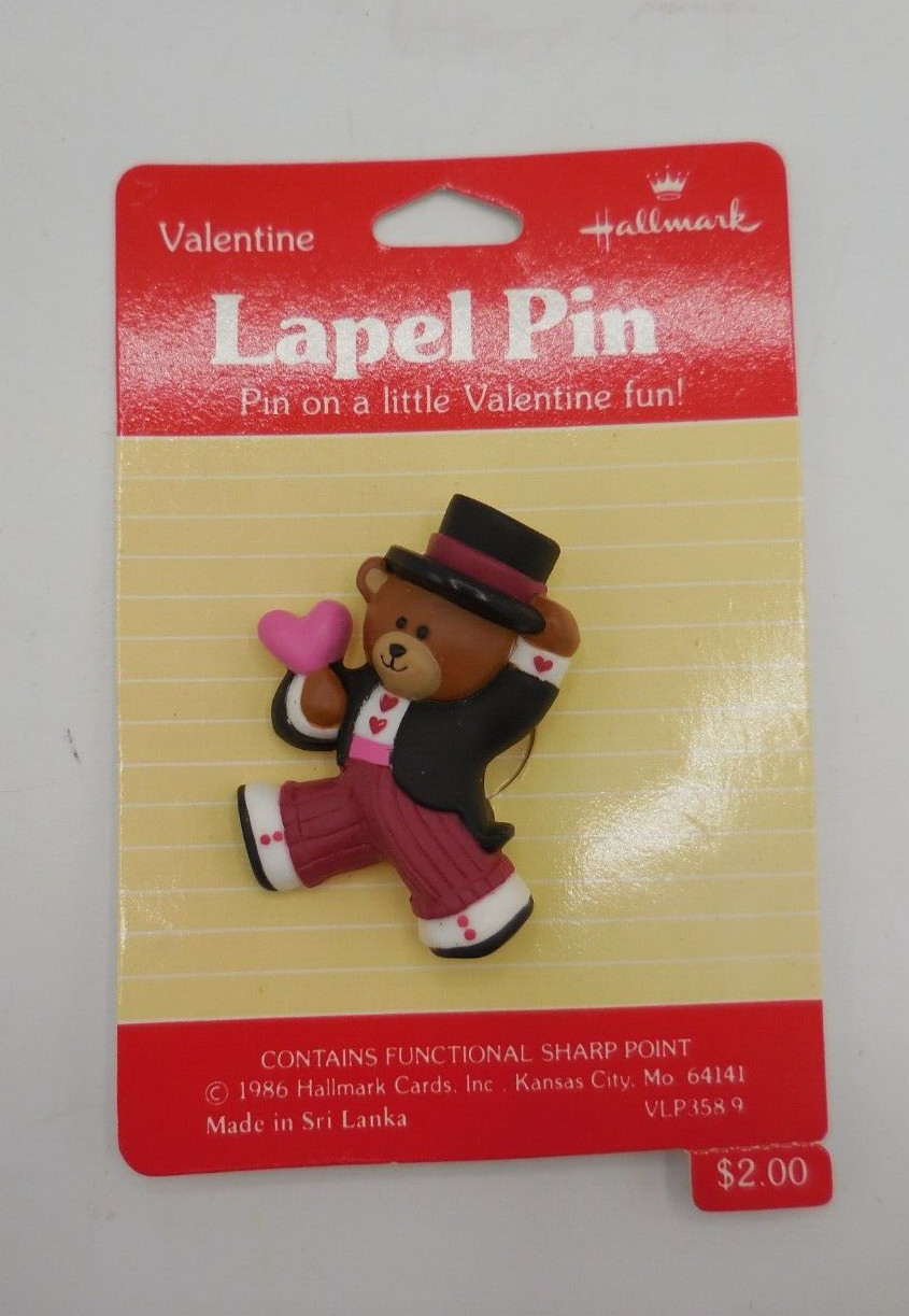 Vintage Hallmark Valentines Lapel Pin Bear Top Hat Tux NIP 1986