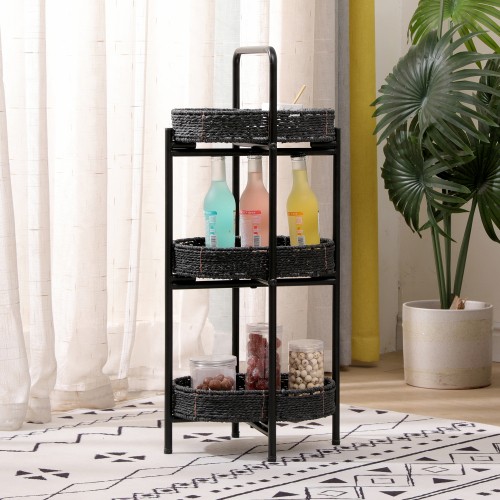 Small Handwoven Side Tables 3-Tier Oval Organizer Portable Storage Shelf, Picnic