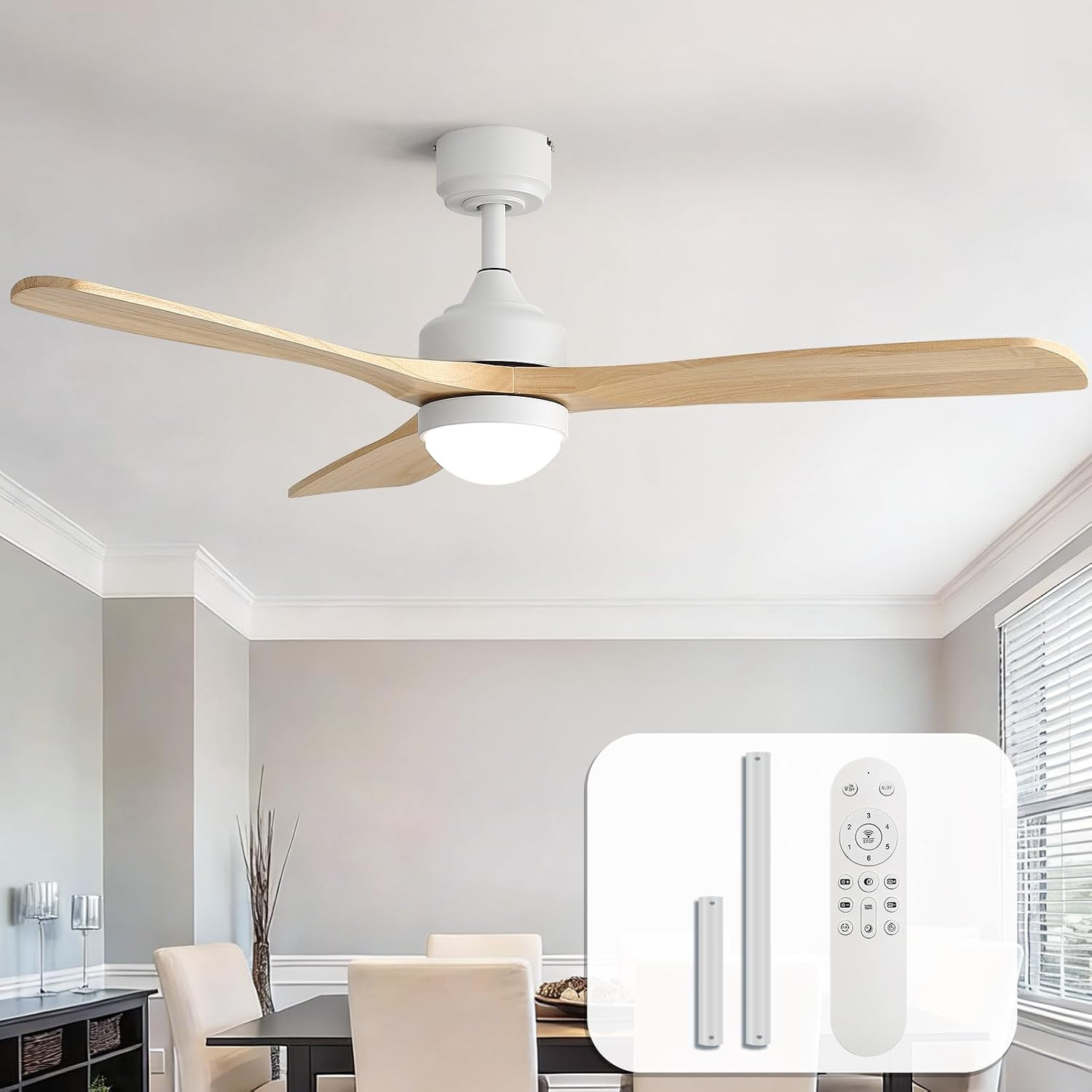 52" Smart Wood Ceiling Fans Lights, Flush Mount & Downrod Mount, 3 Wood Blades M