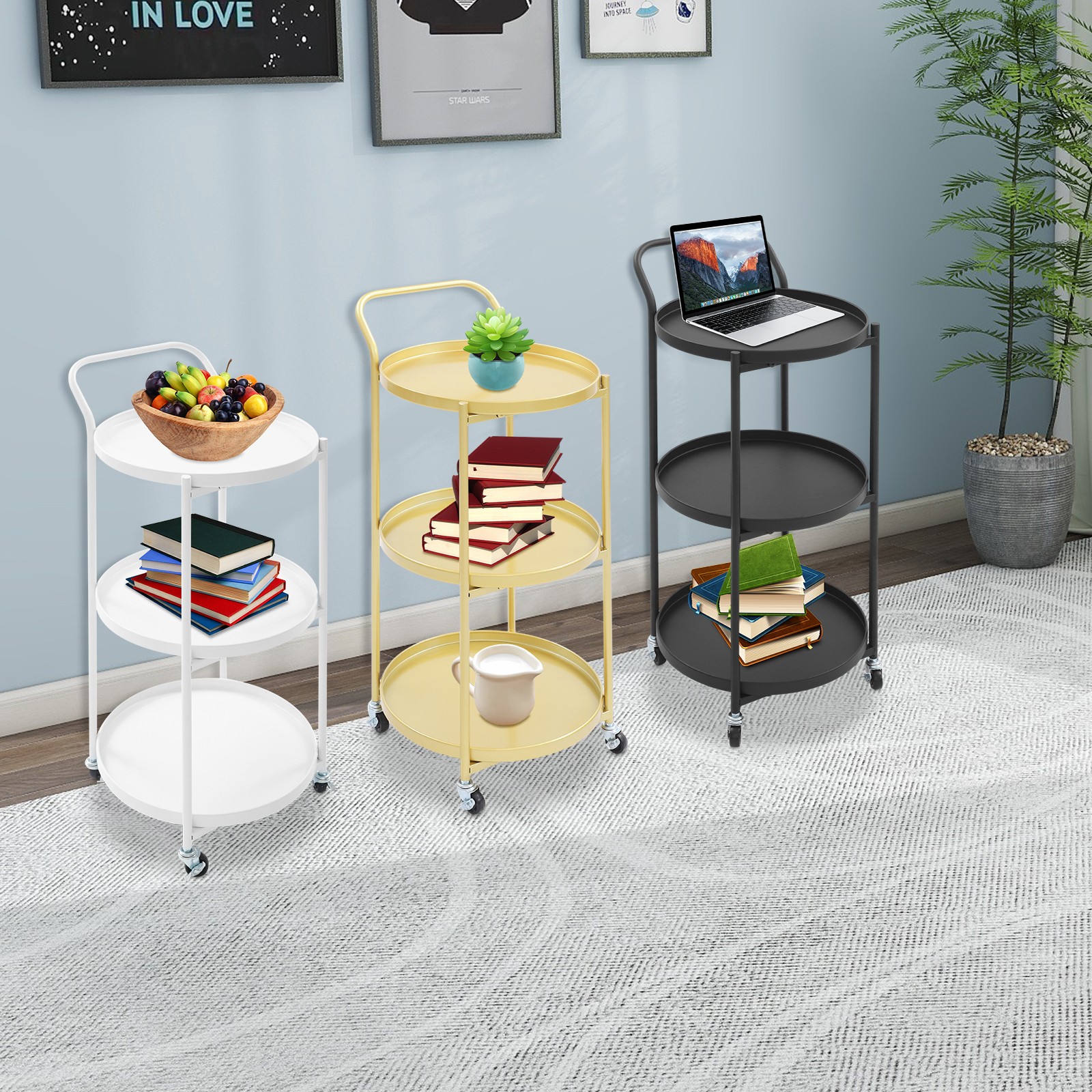 Metal Frame Serving Cart for Kitchen Rolling Bar Cart 3-Tier Mobile Storage Cart
