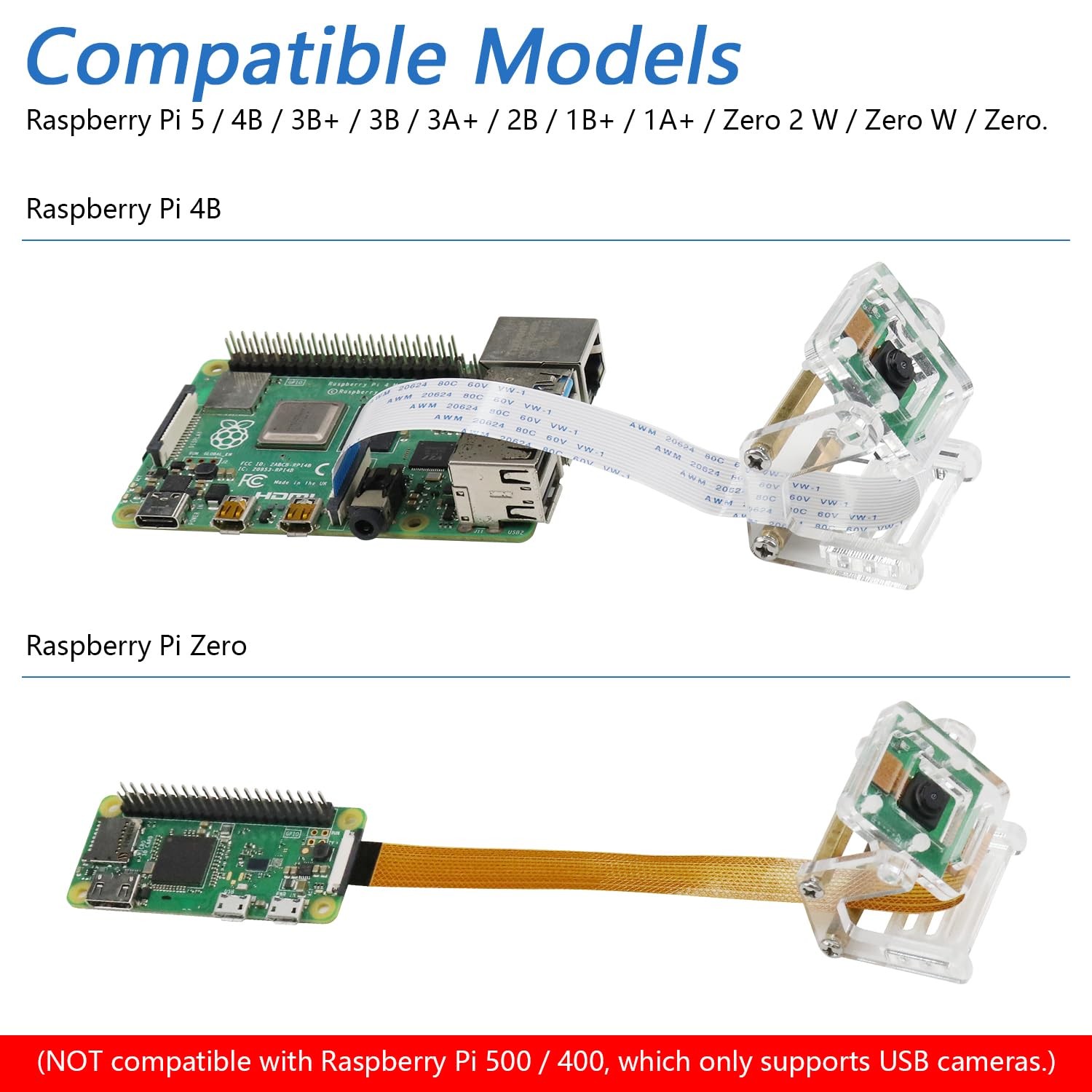 5MP Camera Raspberry Pi 5/4B/3B+/A+/Zero 2 W Adjustable Holder Ribbon 62