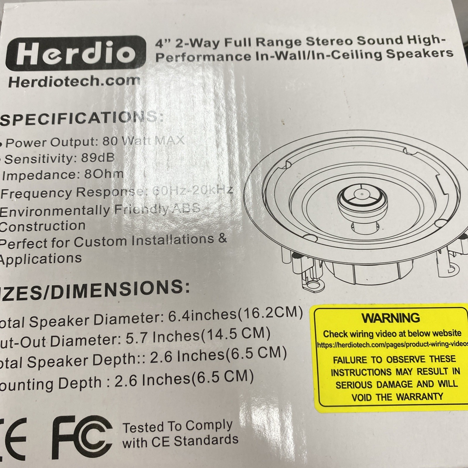 Herdio Speaker HCS418 4” Ceiling Speaker 80 Watt - Pair/ac
