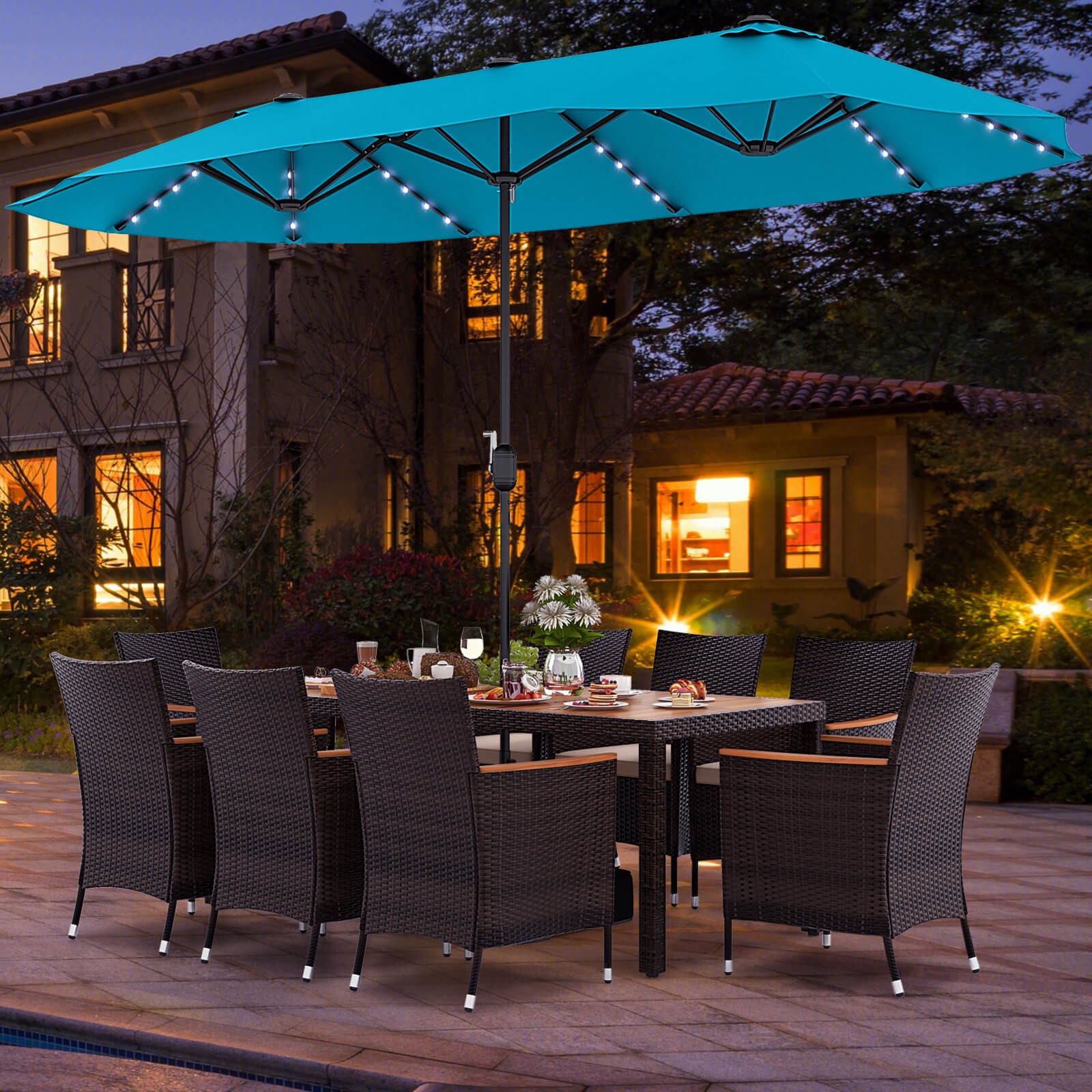 11PCS Patio Dining Set w/ 15ft Double-Sided Patio Umbrella (Base Included)