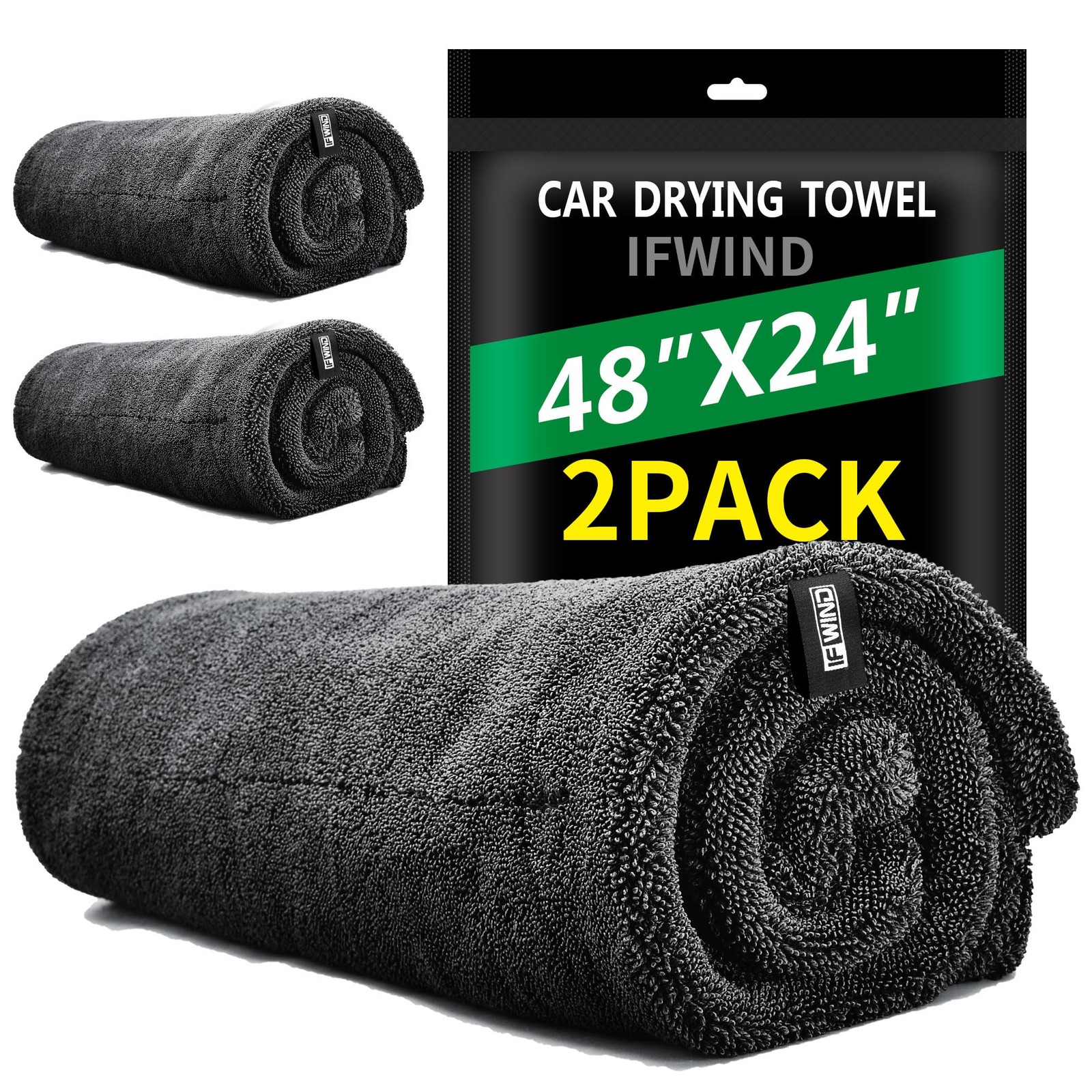 IFWIND 2 Pack Car Drying Towels (48”x24”),Extra Large 48” x 24”, Grey