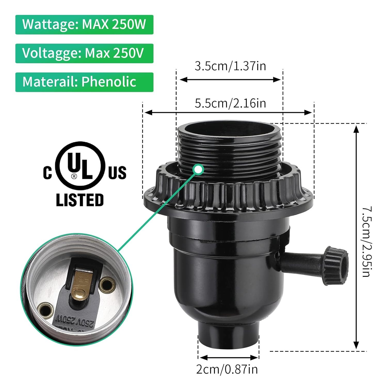 UL Listed E26 Light Socket, Lamp Socket Replacement with ON/Off Switch Black