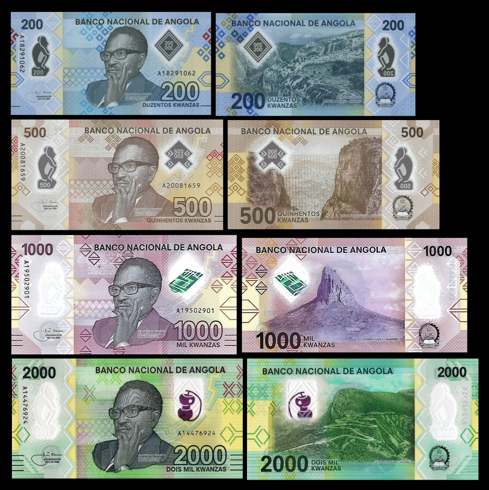 Angola 200 500 1000 2000 Kwanzas 2020 P160 P161 P162 P163 UNC - Polymer