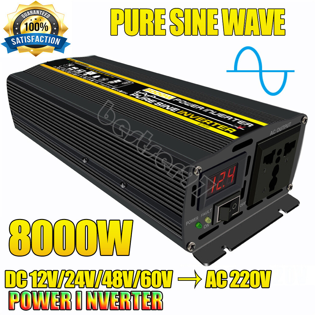 8000W Pure Sine Power Converter DC12V 24V 48V 60V to AC220V USB Digital LCD HOT