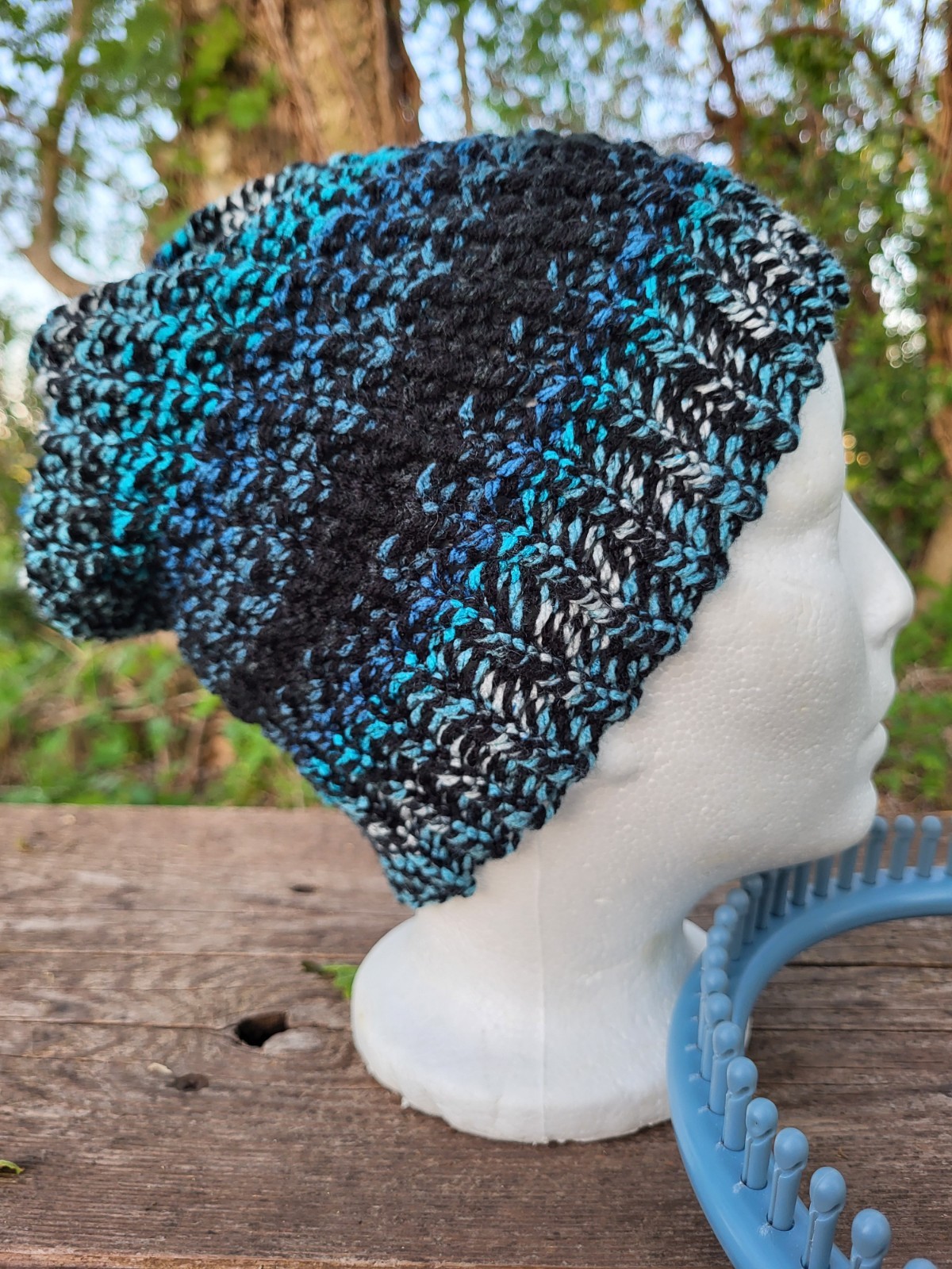 Handmade Acrylic Knit Striped Slouch Beanie Aqua/Black Ombre