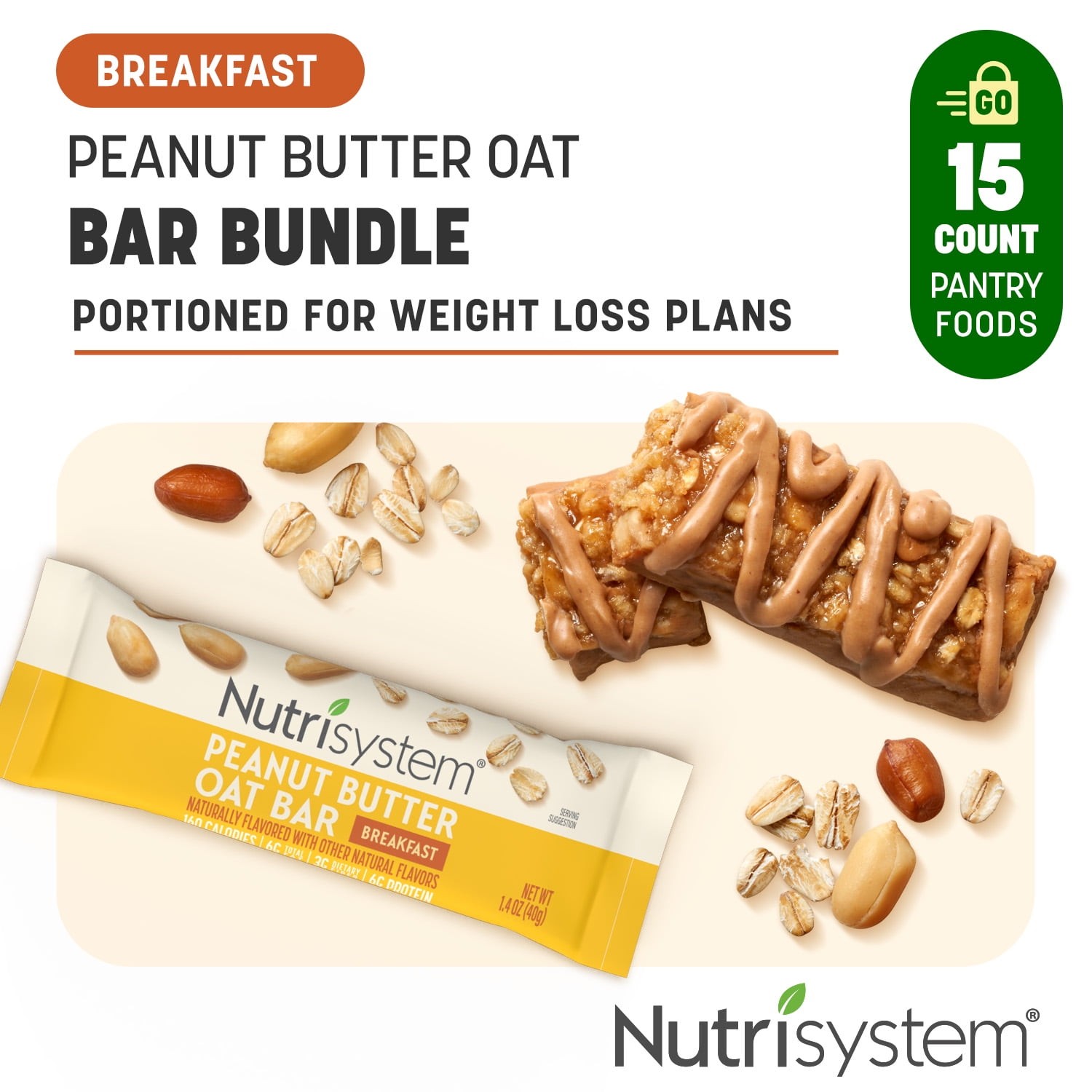 Nutrisystem Peanut Butter Oat Bars, 15 Count, Chewy Breakfast Bars for Weight Lo