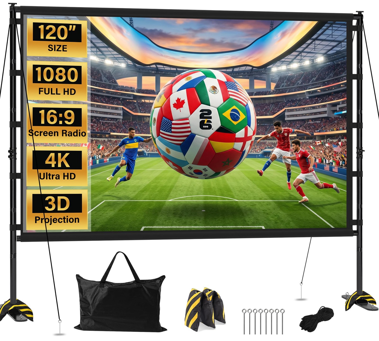 Outdoor Projector Screen with Stand 120 Inch, 16:9 Portable 4K HD Indoor Movi...