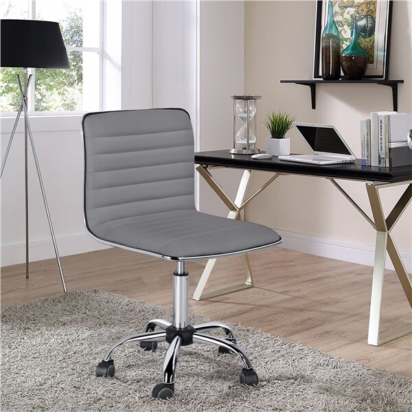 Low Back Armless Office Chair, PU Leather Ribbed Armless Swivel Task Chair Grey