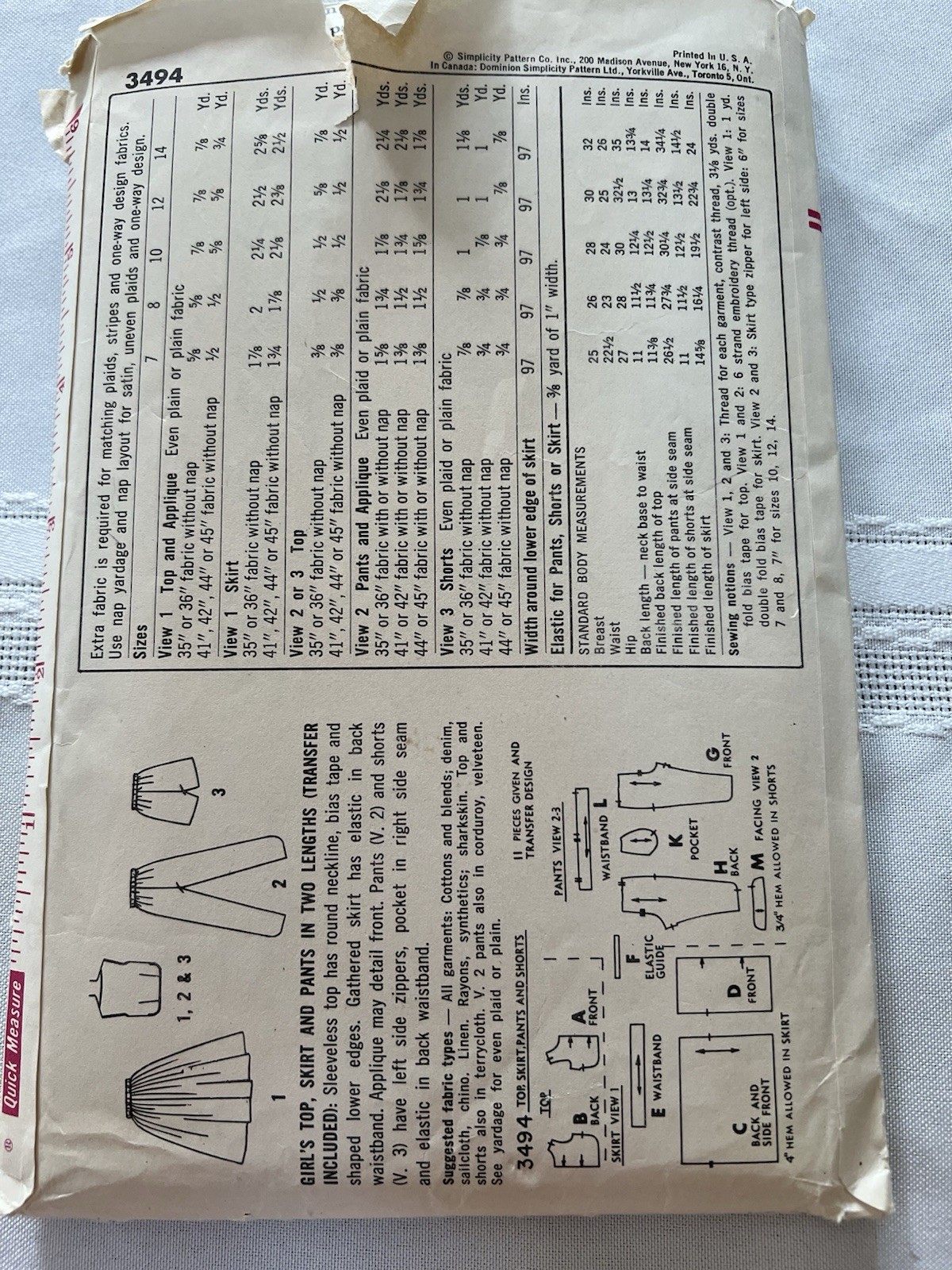 Vintage Simplicity #3494 Sewing Pattern. Girls 8
