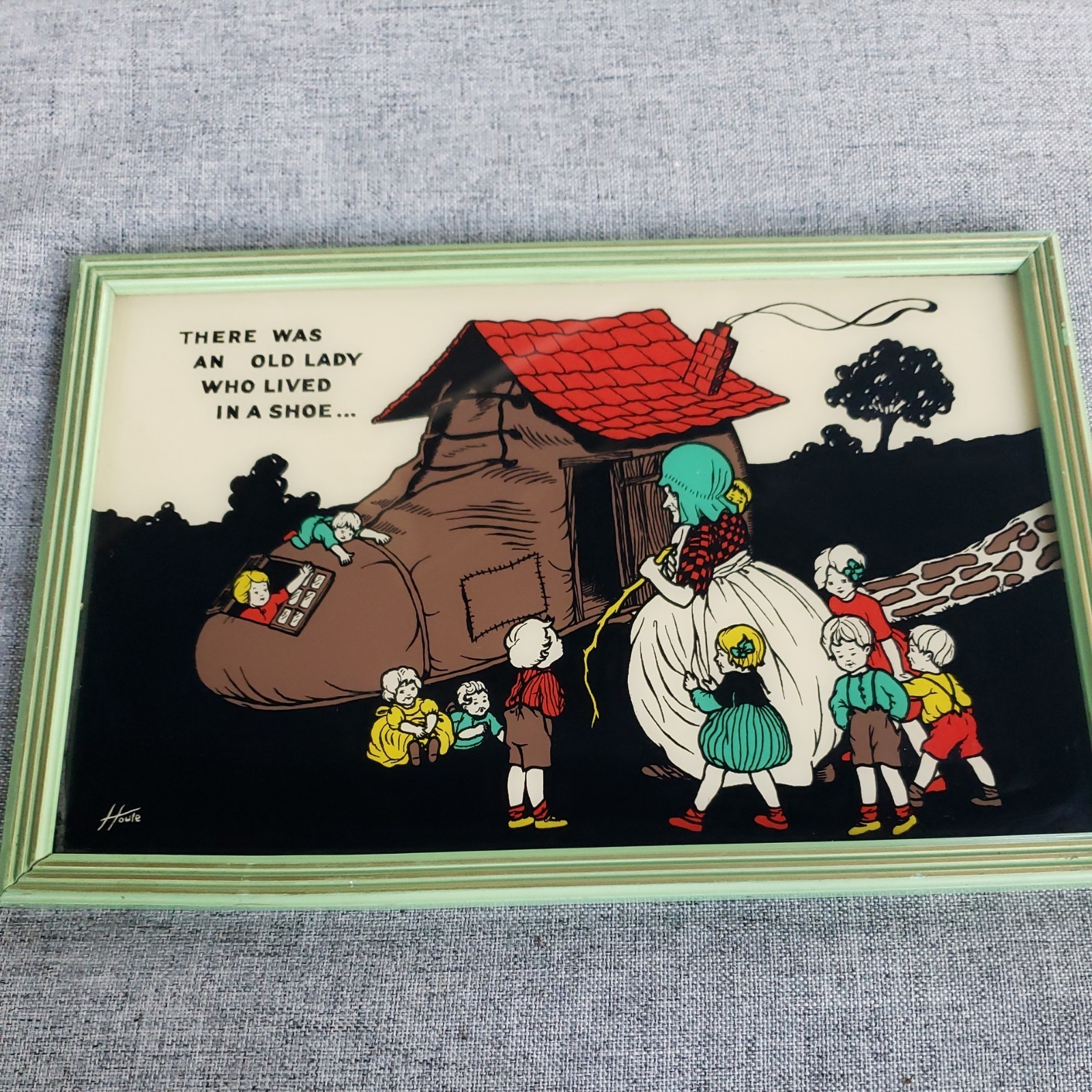 VTG Reverse Painted Picture Reliance There Was an Old Lady Who Lived in a Shoe
