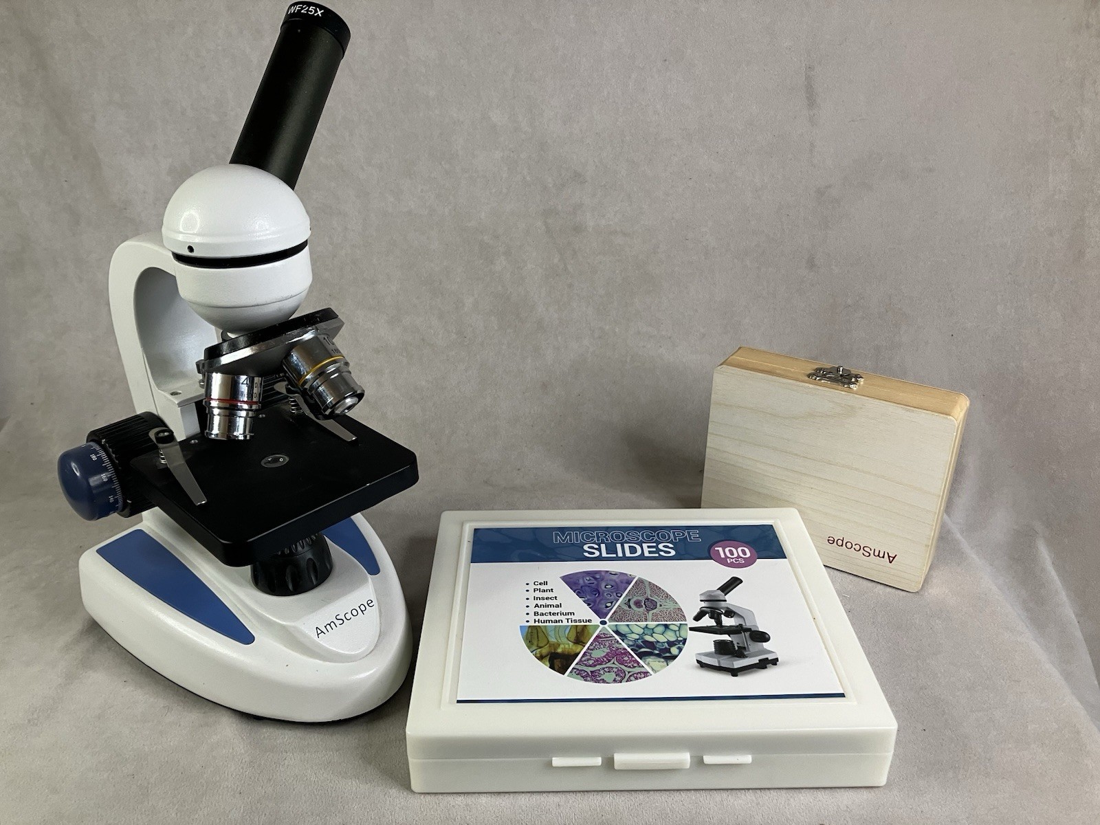 Amscope M150 Microscope With 2 Boxes Of Slides No Charger