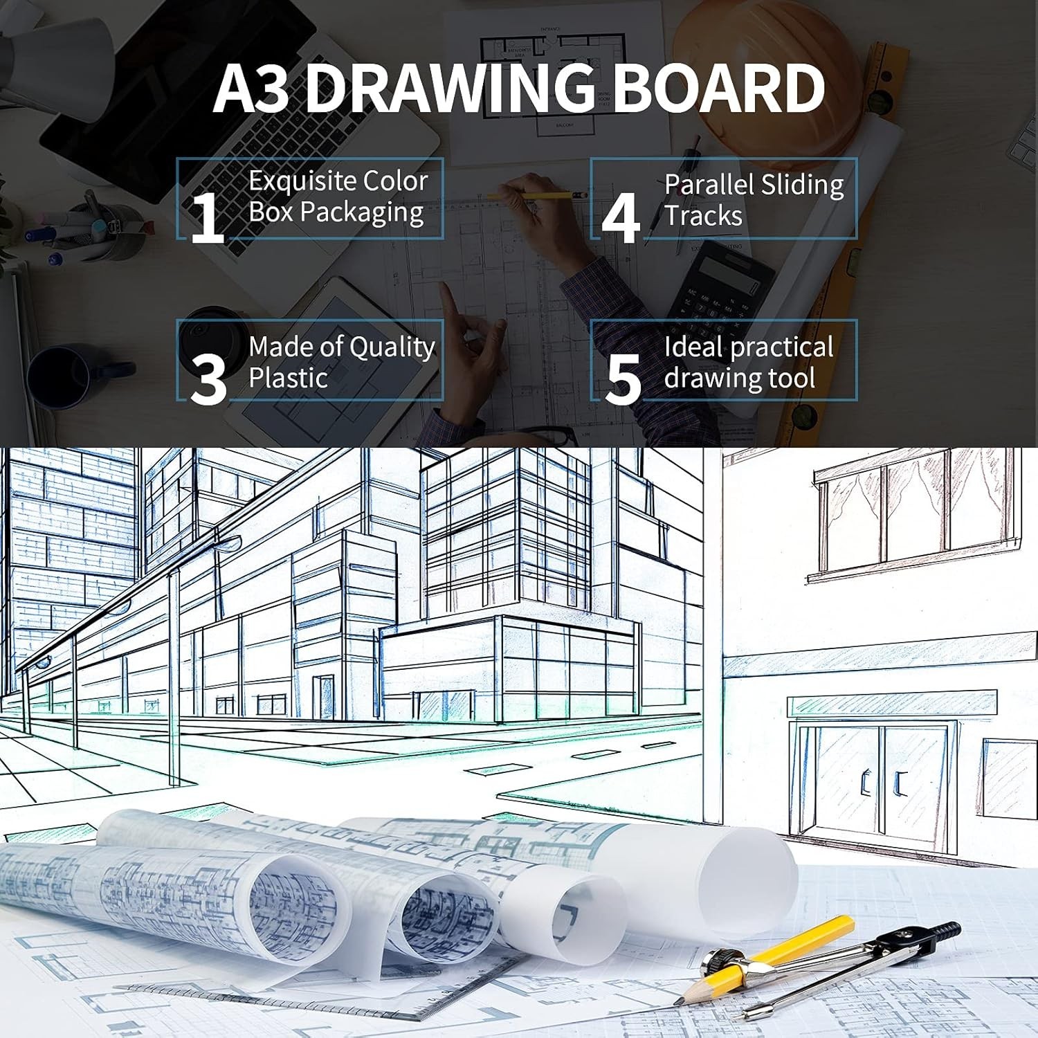 A3 Portable Drawing Board Multi-Function Metric Drafting Table with Clear Rule