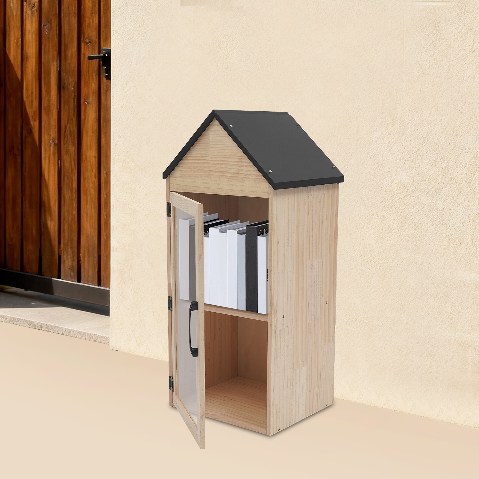 2-Tier Wooden Book Box Home Book Storage Box w/Door, Little Library Box Cabinet
