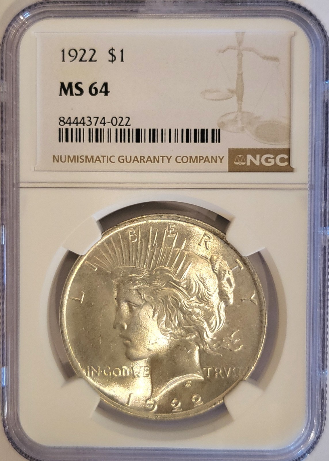 1922-P   NGC MS-64   Brilliant & Satiny   Peace Silver Dollar   #491
