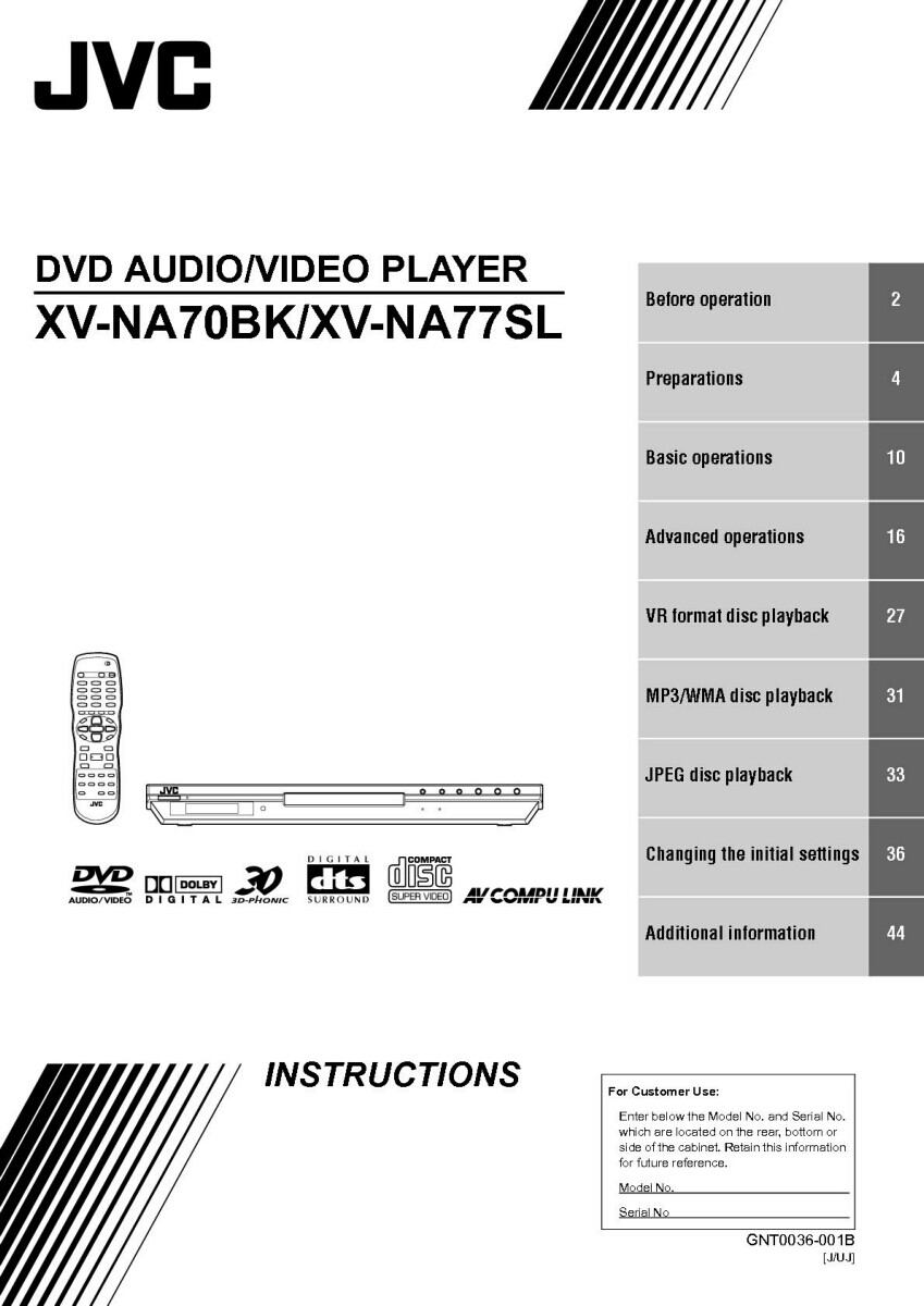 JVC XV-NA70BK XV-NA77SL DVD Player Owners Instruction Manual Reprint